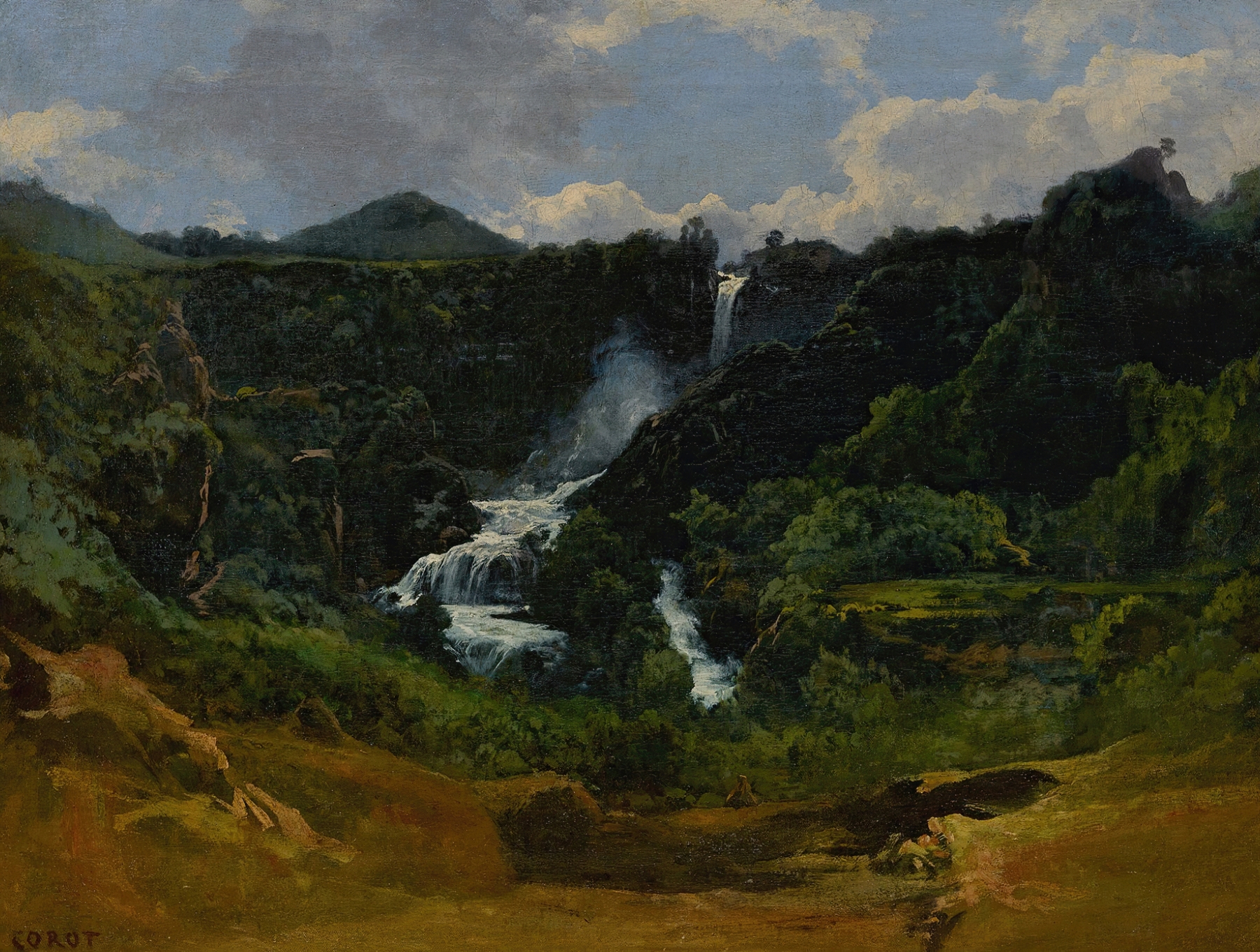 Oil painting of a waterfall surrounded by trees by Jean-Baptiste-Camille Corot