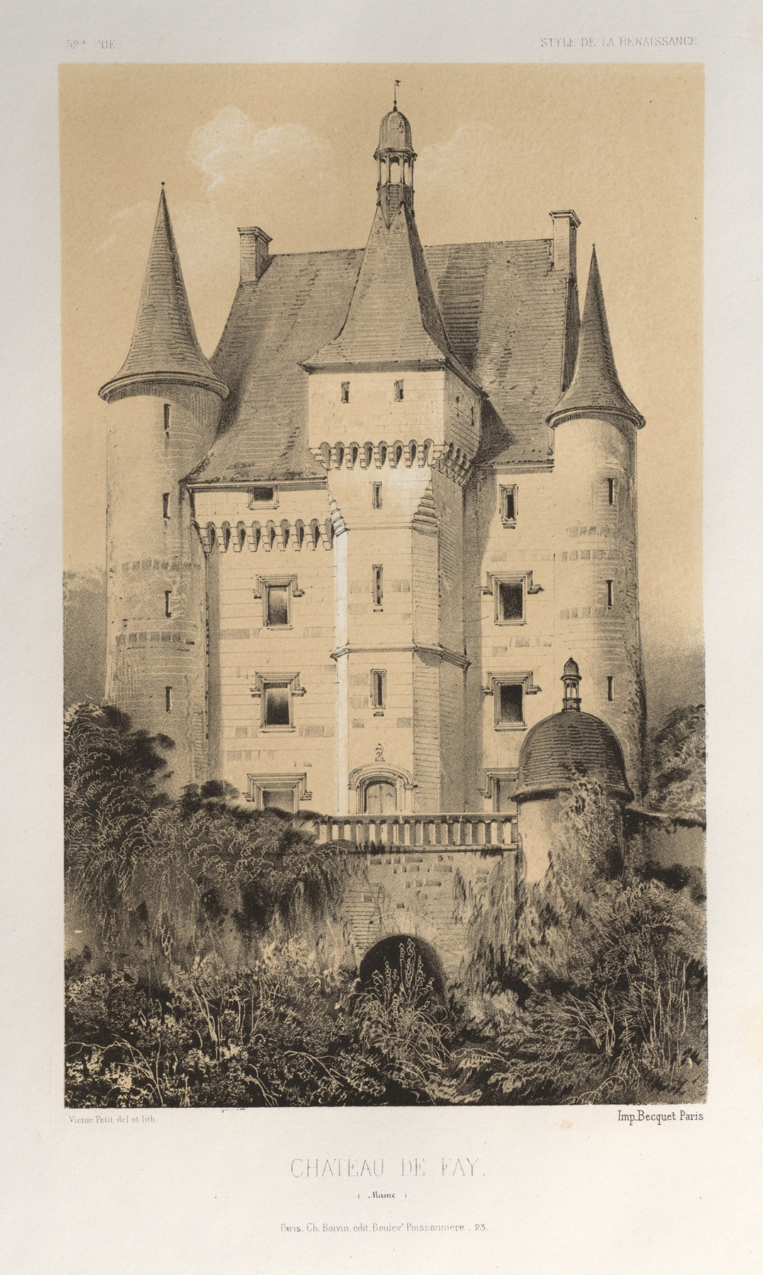 Château De Fay by Victor Petit, oil painting depicting a château against a muted sky.