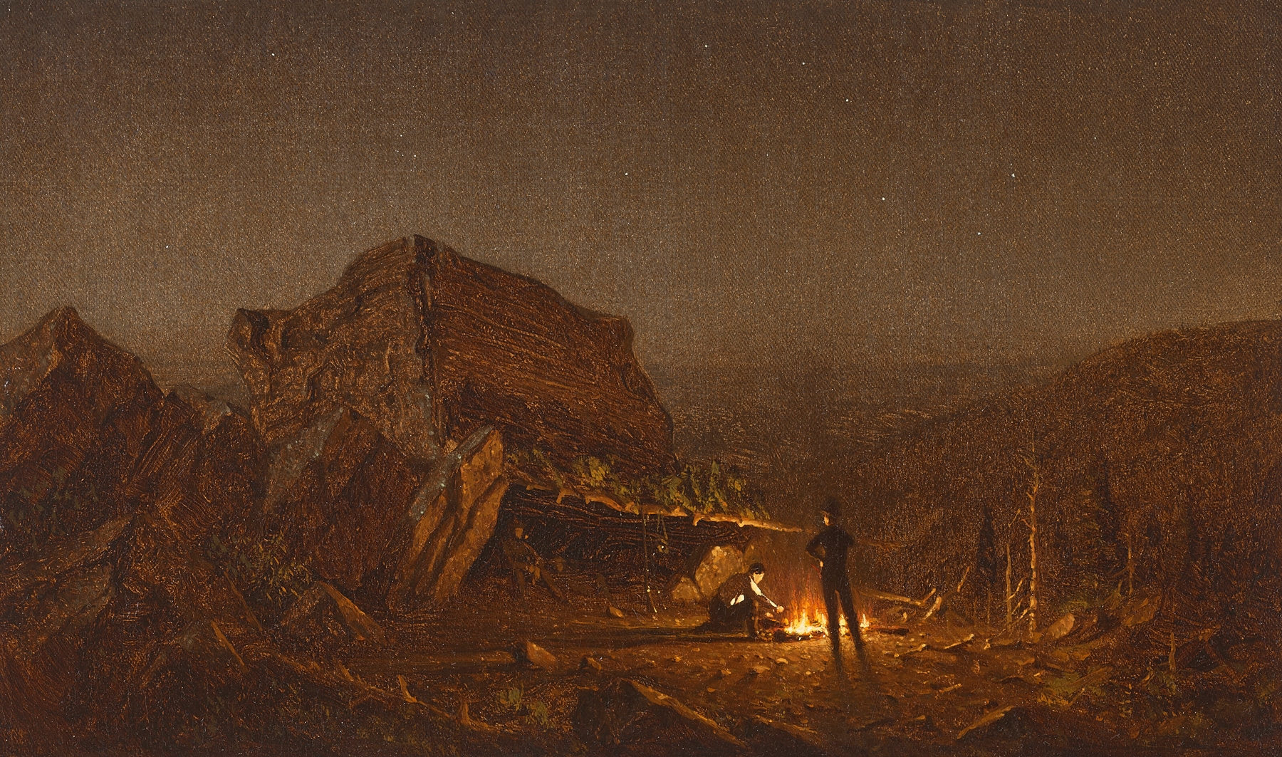 Camping for the Night on Mansfield Mountain by Sanford Robinson Gifford, oil painting of a campfire in a mountain landscape