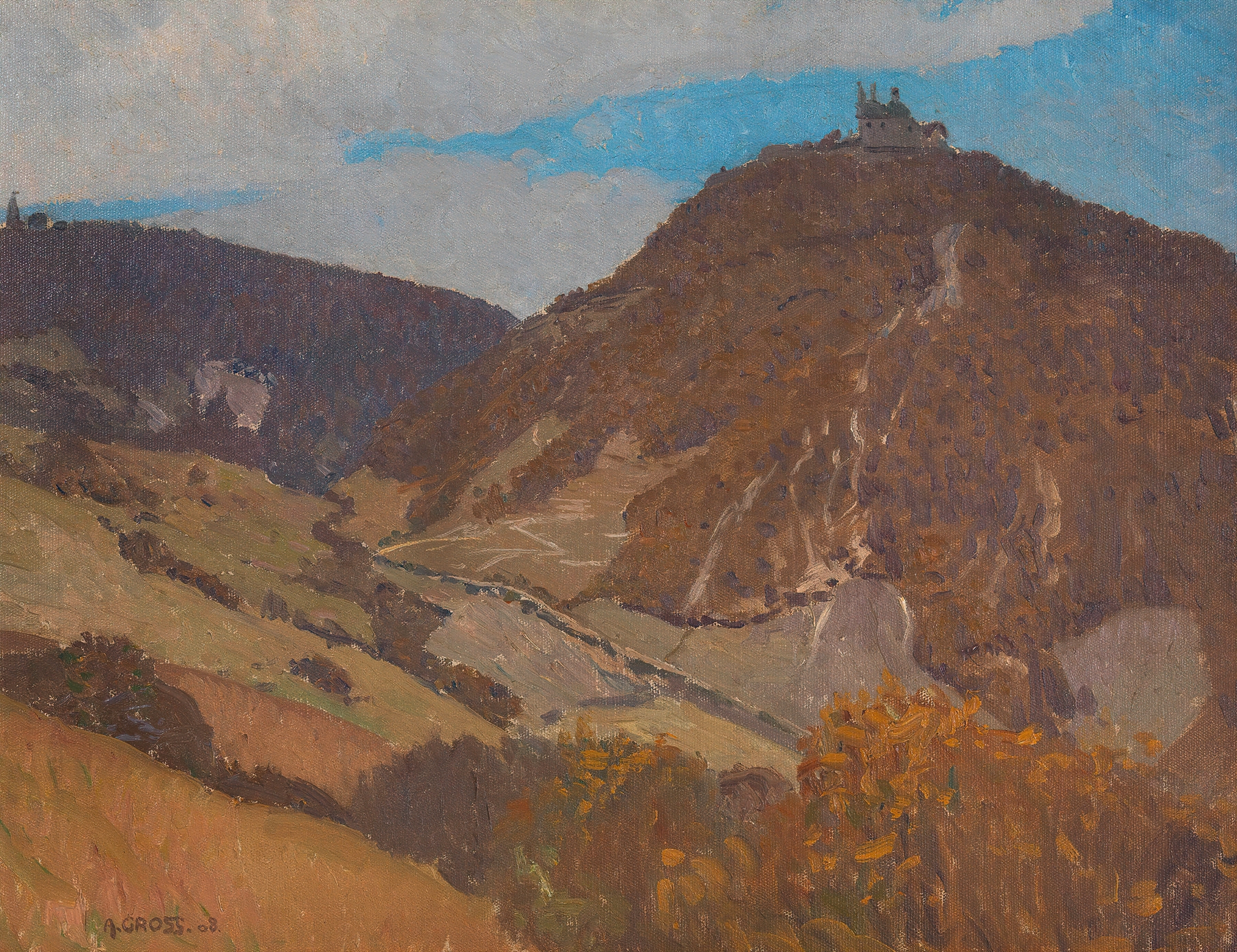Landscape by Adolf Gross, oil painting depicting gentle hills and a tranquil sky.