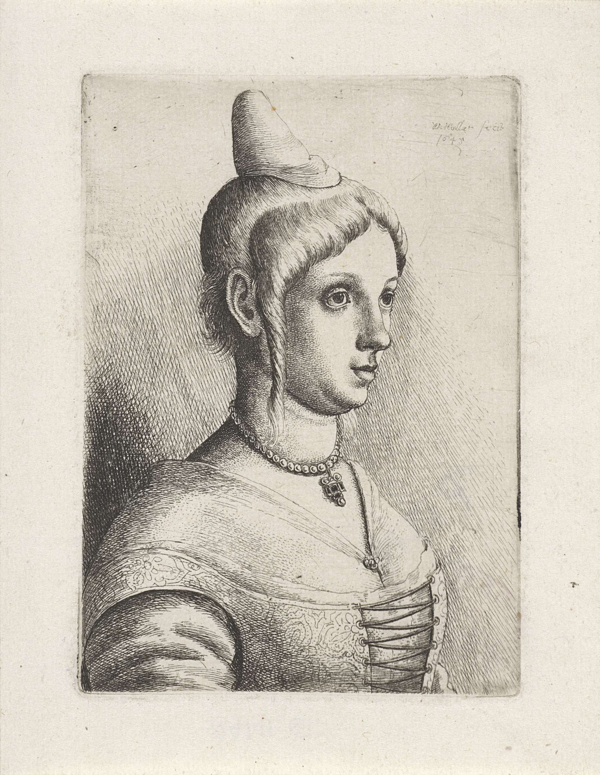 Etching of a young woman with a conical hat by Wenceslaus Hollar