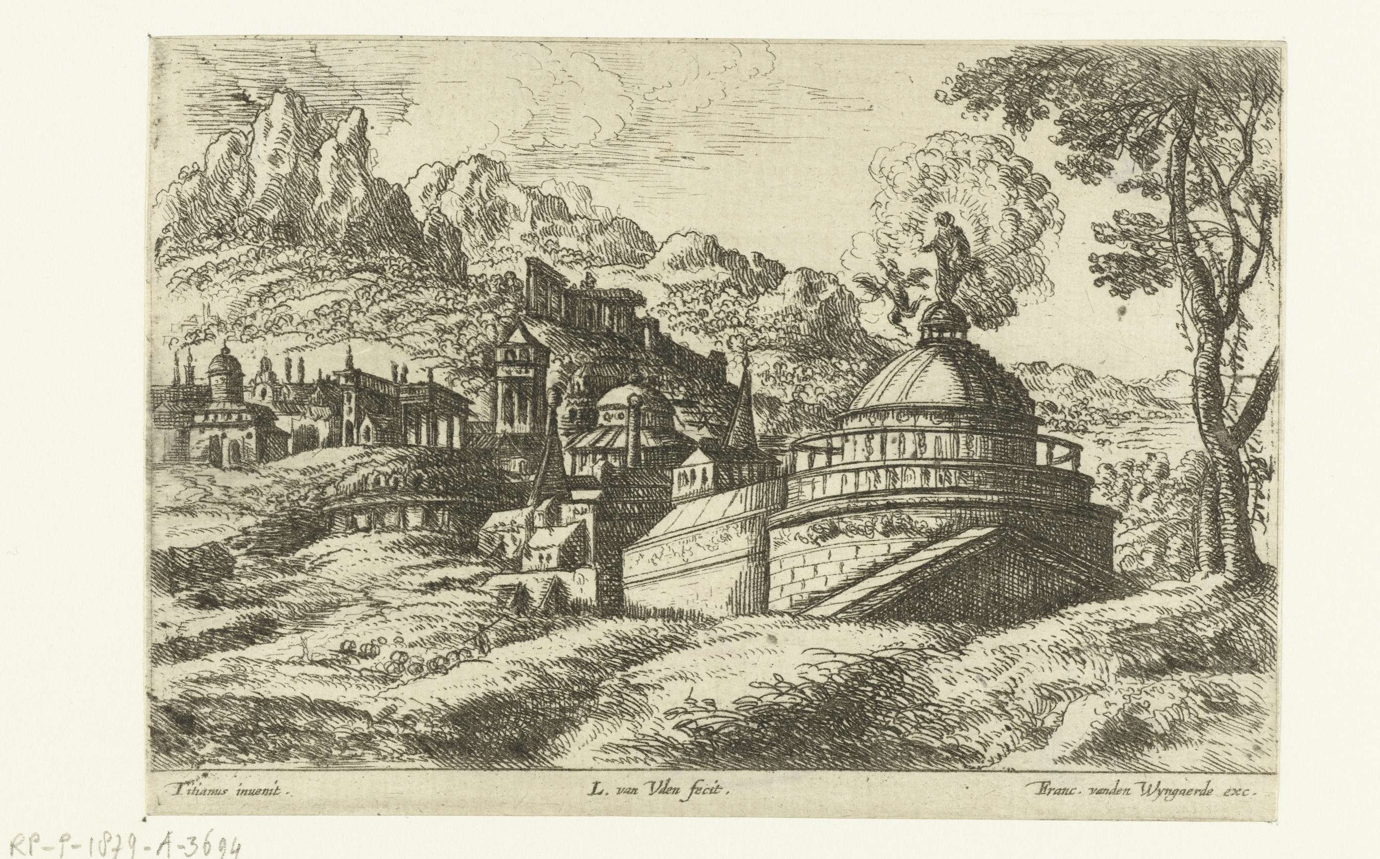 Etching by Unknown Artist depicting a landscape with a historic city and mountain.