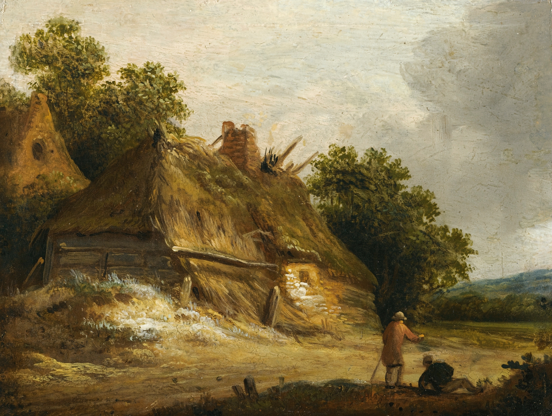 Three figures walking along a road near a cottage, oil painting by Roelof Jansz. van Vries