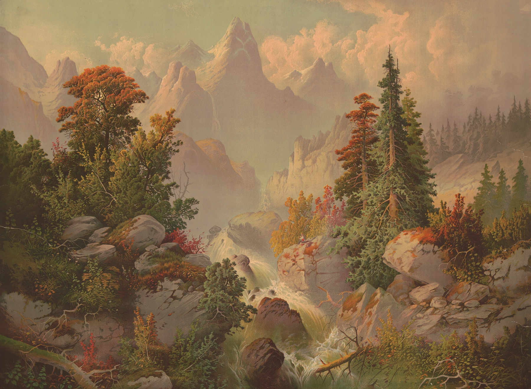 Cascade in the Rocky Mountains by Gibson & Co. Lith, lithograph depicting a waterfall and forest.