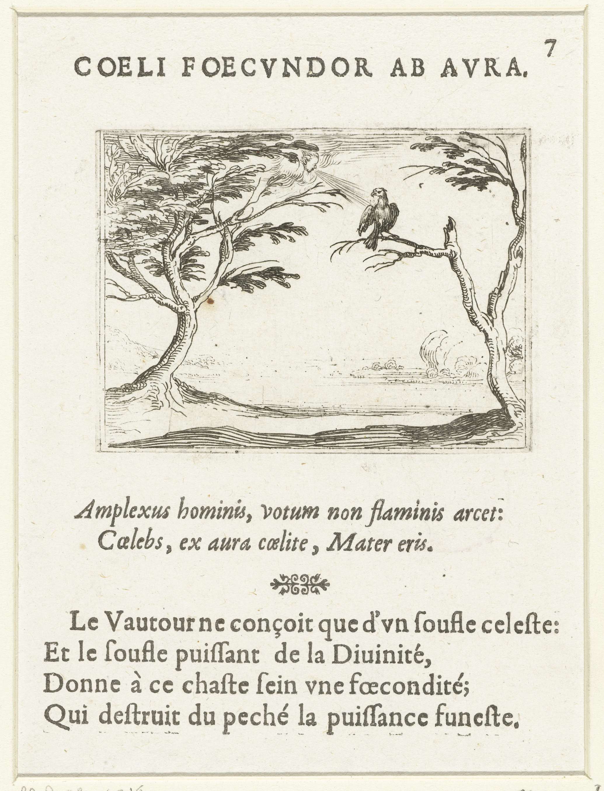 Gier in de wind etching by Jacques Callot depicting a figure in a gusting wind