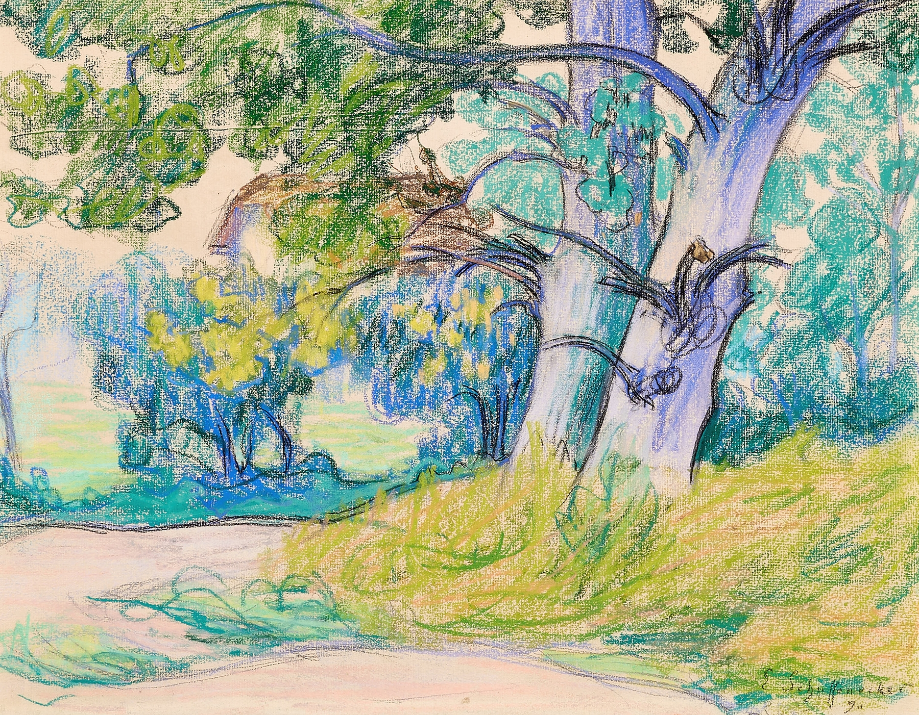 Oil painting by Claude Emile Schuffenecker depicting a serene woodland pathway with dappled light.