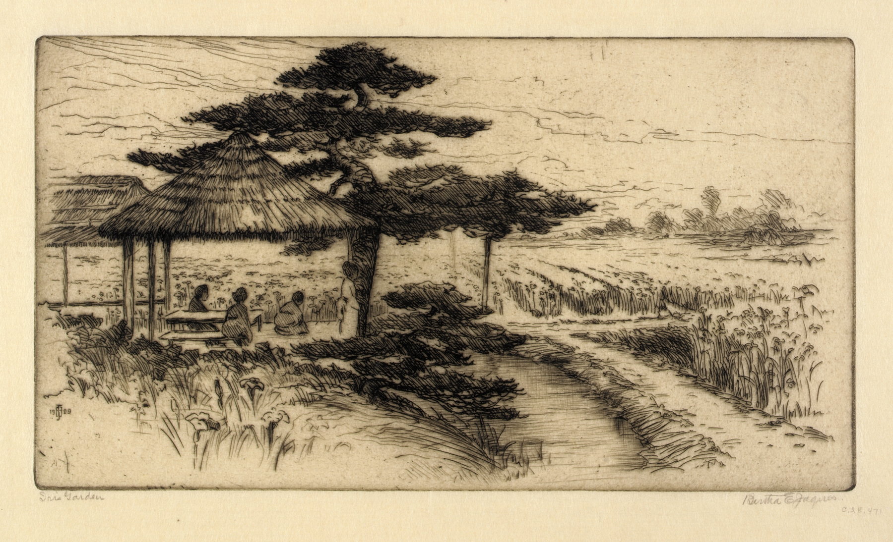 Watercolour by Bertha Jaques depicting irises in a garden with a figure.
