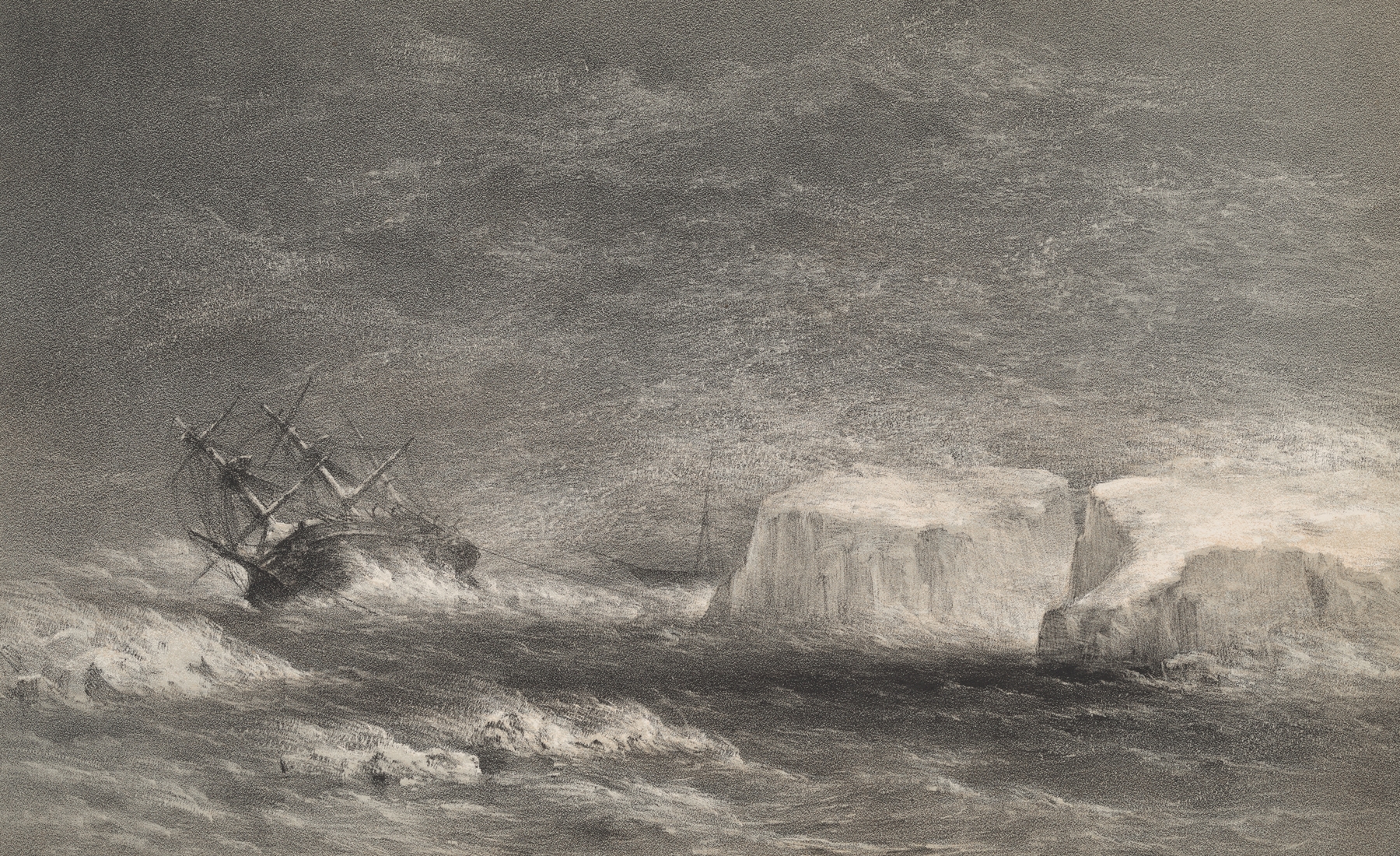 Oil painting by Walter William May depicting H.M.S. Assistance battling stormy seas.