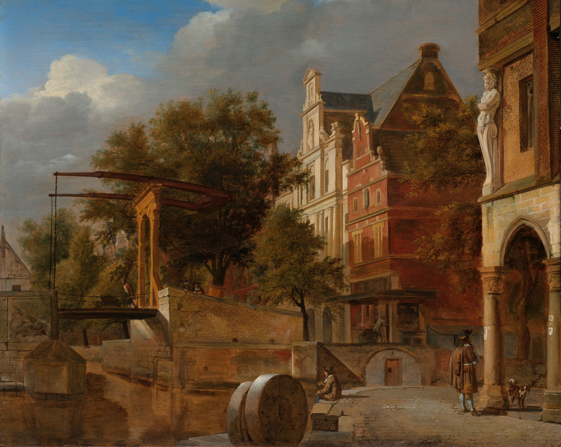 The Drawbridge by Jan van der Heyden, oil on canvas depicting a serene landscape with a drawbridge.