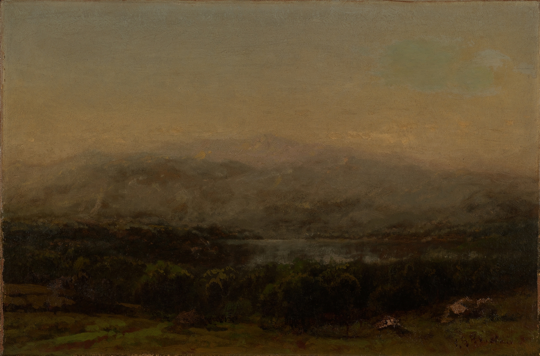 Kayser’s Pond, Maine by John Bunyan Bristol, oil on canvas depicting serene water and trees