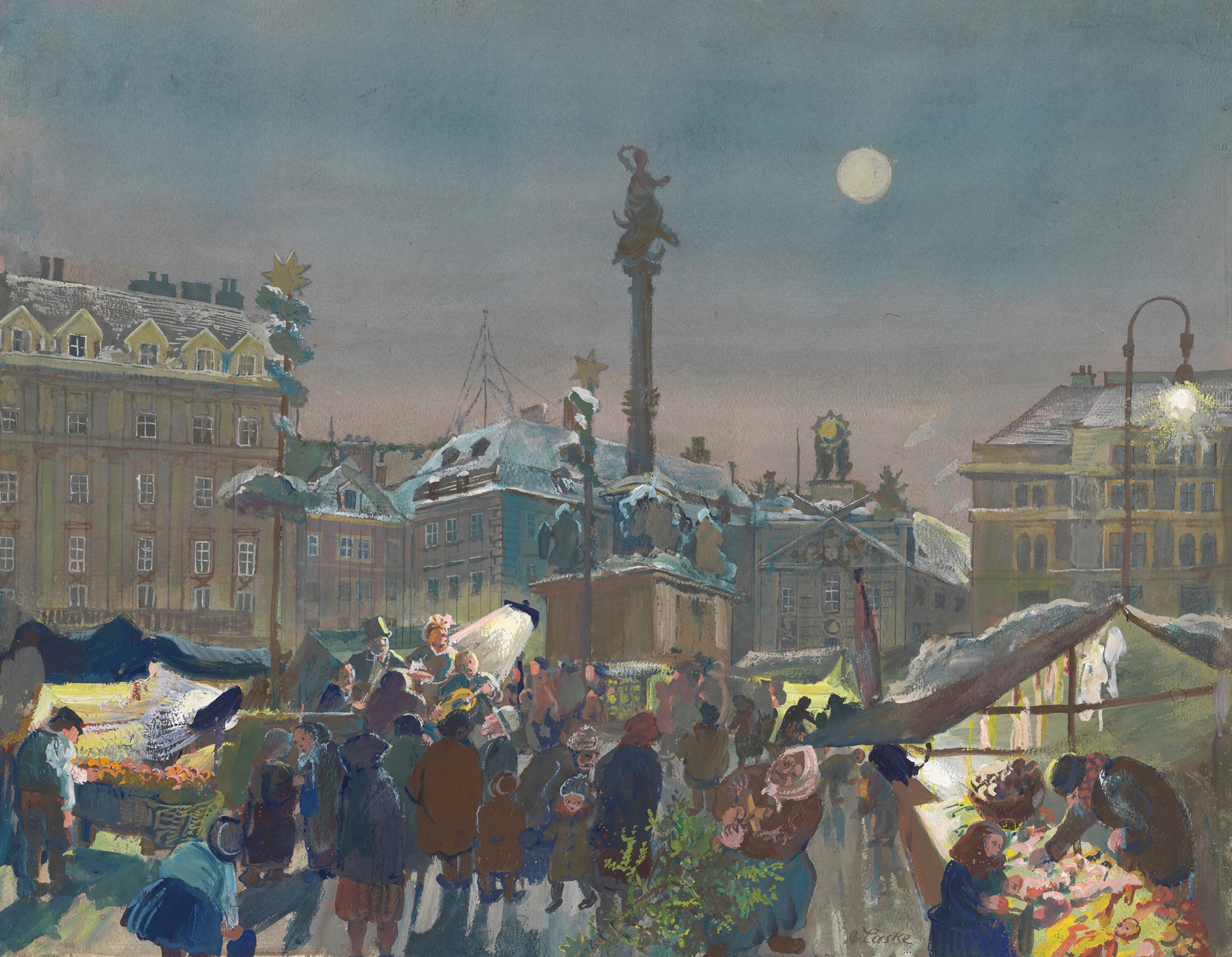Winter market scene with festive garlands, oil on canvas by Oskar Laske
