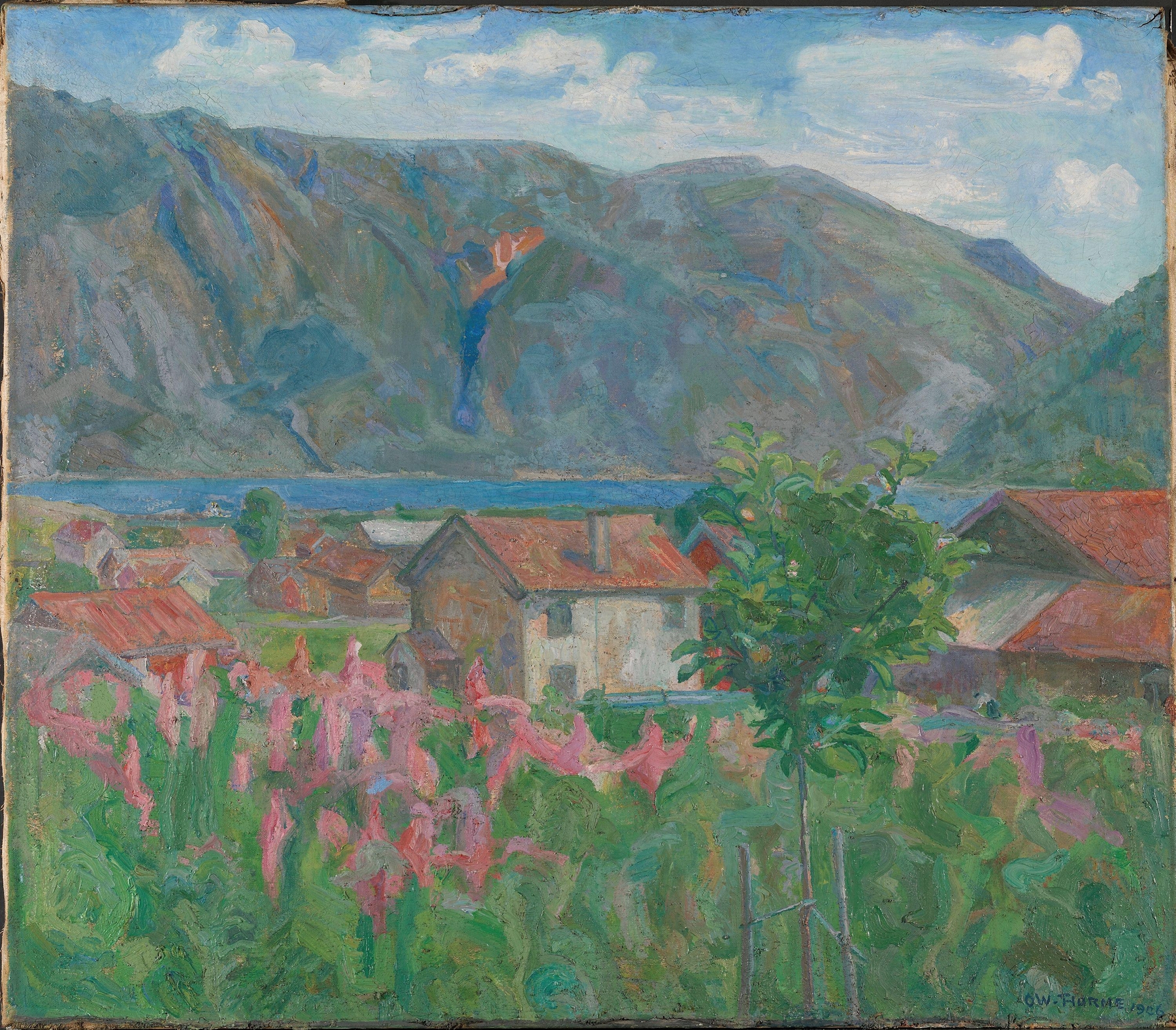 Oil painting by Oluf Wold-Torne depicting a lake surrounded by mountains