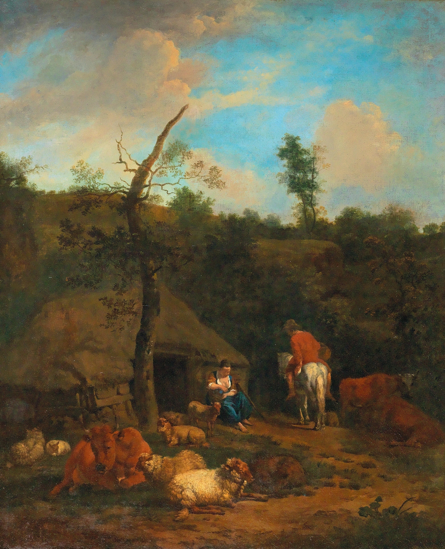 A herdsman and a shepherdess in front of a wooden farmhouse, by Adriaen van de Velde, public domain
