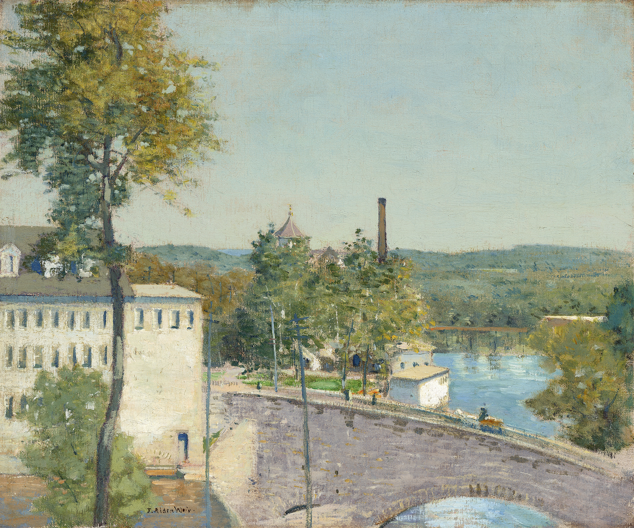 U.S. Thread Company Mills by Julian Alden Weir, oil painting of a brick mill against a bright sky.