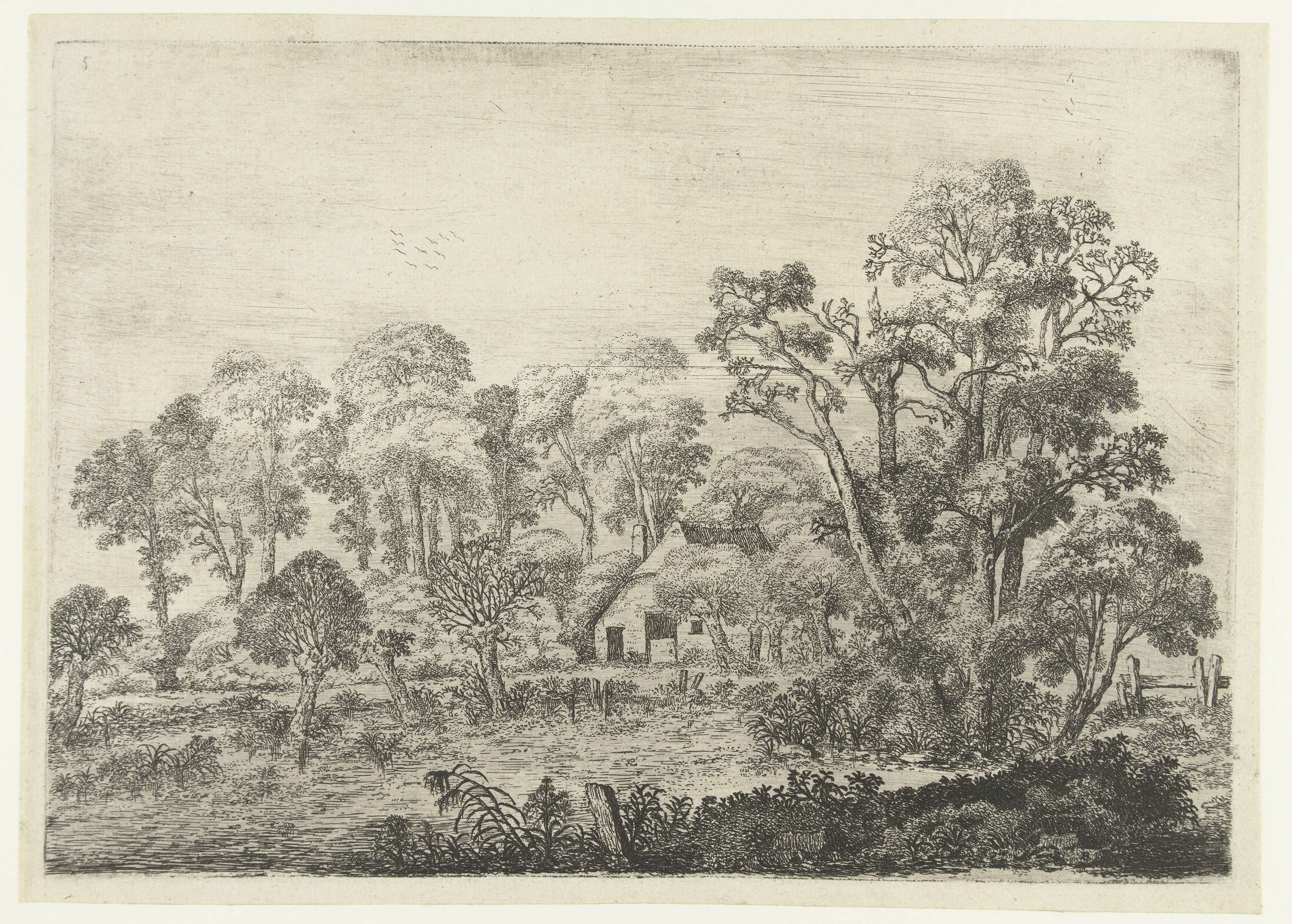 Landschap met boerderij bij een vijver, etching by Jan van Brosterhuyzen depicting a farmhouse by a pond.