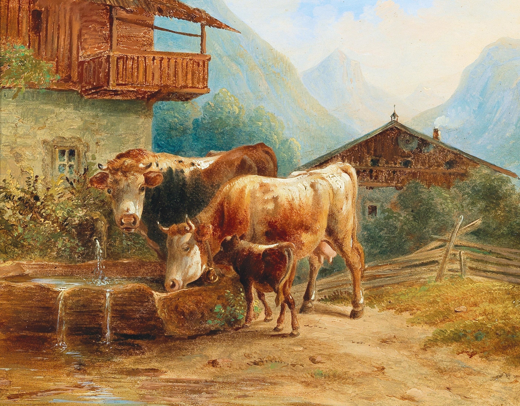 Kühe An Der Tränke, oil on canvas by Joseph Heicke depicting cows by a water source.