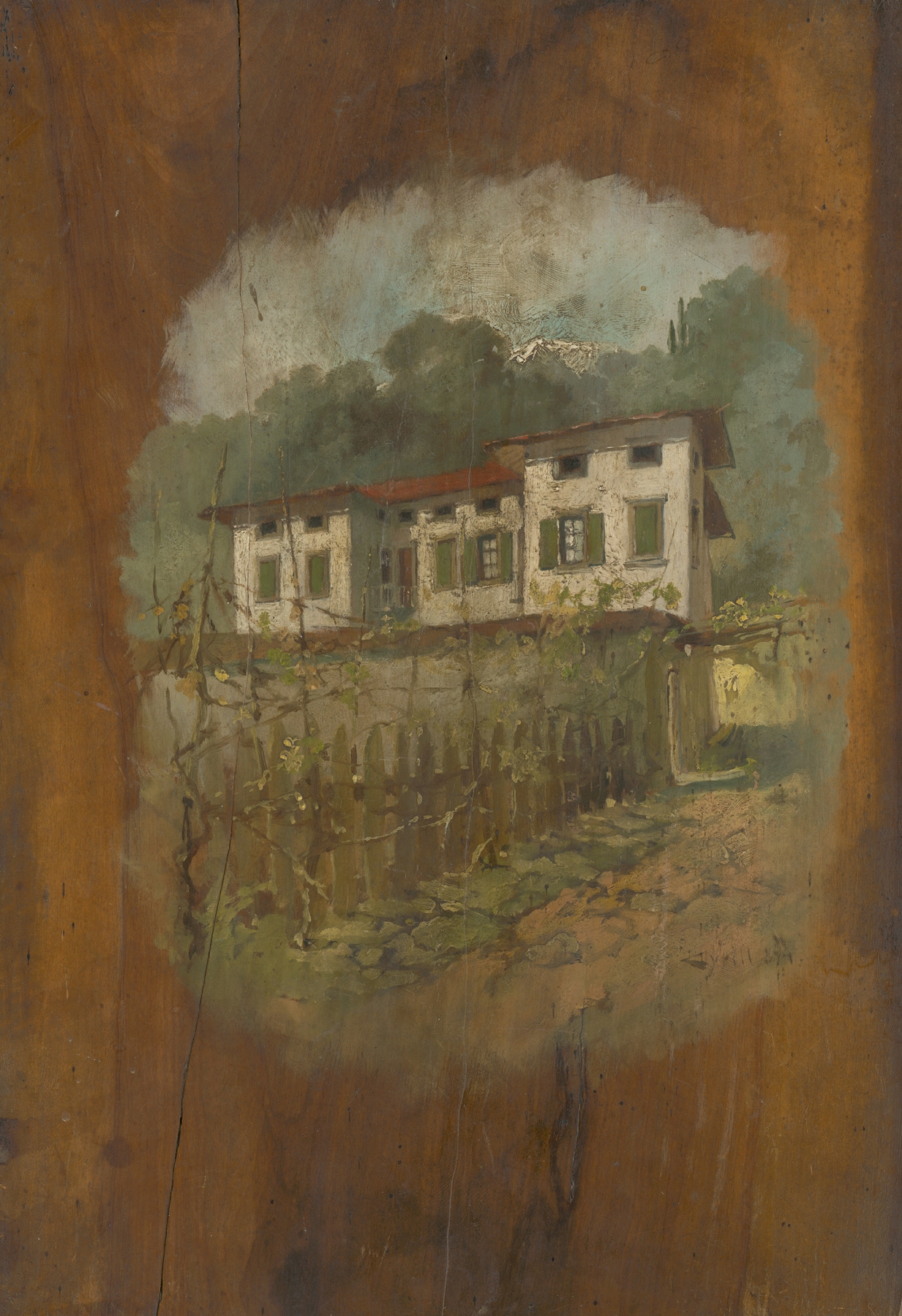 Landscape featuring a hillside house at twilight by Cyril Kutlík, oil painting
