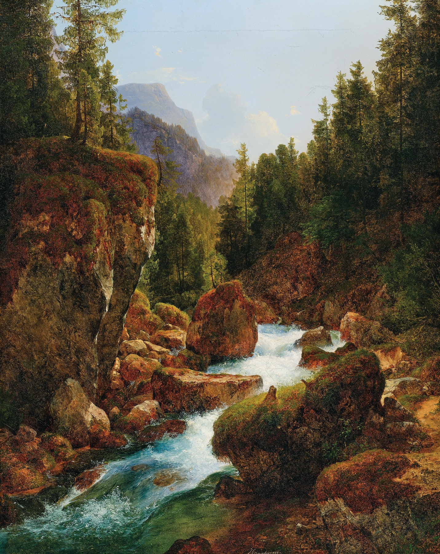 A Mountain Torrent oil painting by Anton Hansch depicting a turbulent stream and lush greenery.