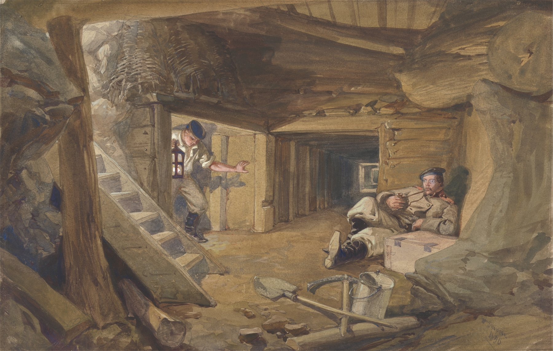 Historical drawing by William Simpson depicting a soldier at a bastion, ink on paper