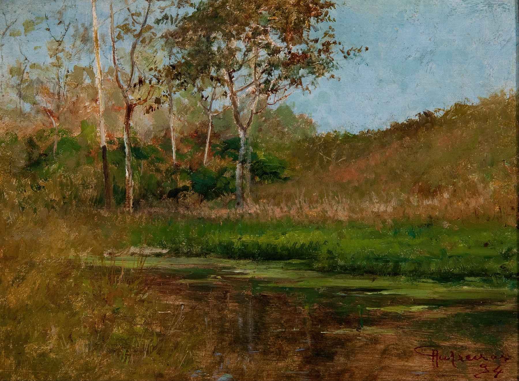 Still Water by Antonio Parreiras, oil on canvas depicting tranquil water and reflections.