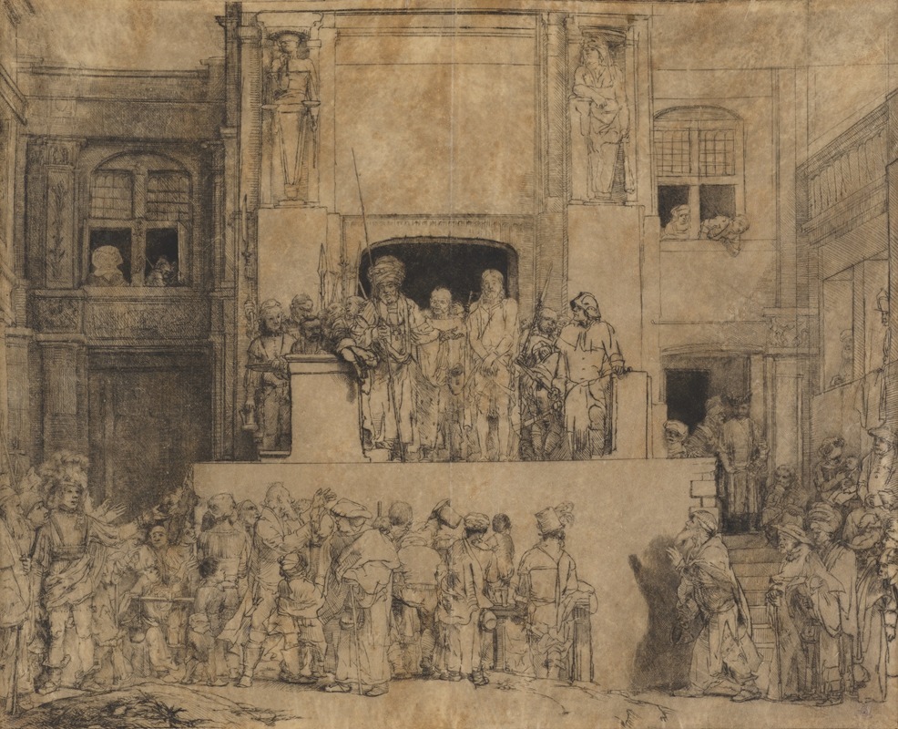 Rembrandt's 'Christ presented to the people; the oblong plate' depicts a powerful biblical scene.