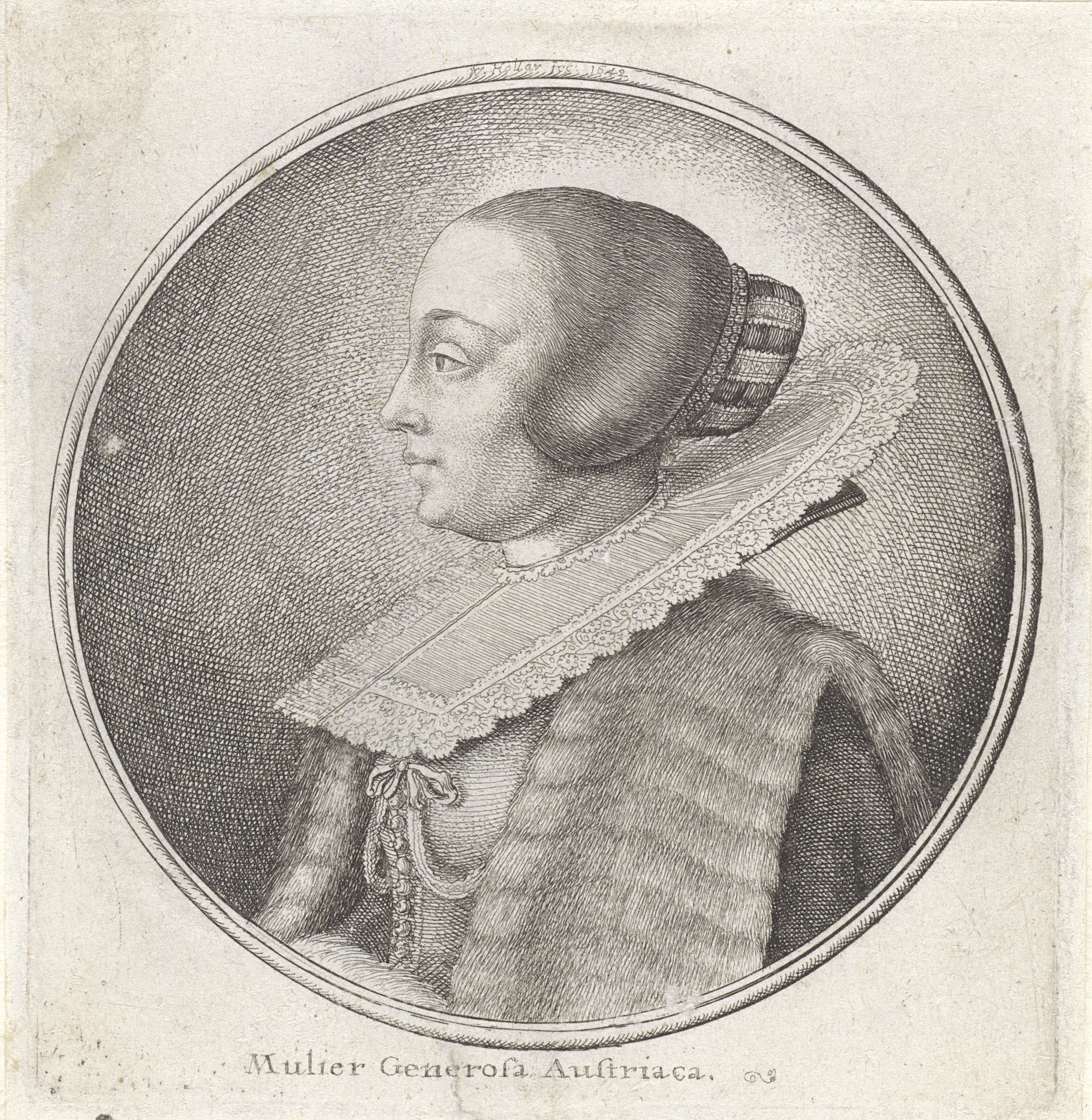 Portrait of a woman with a large ruff and updo, etching by Wenceslaus Hollar