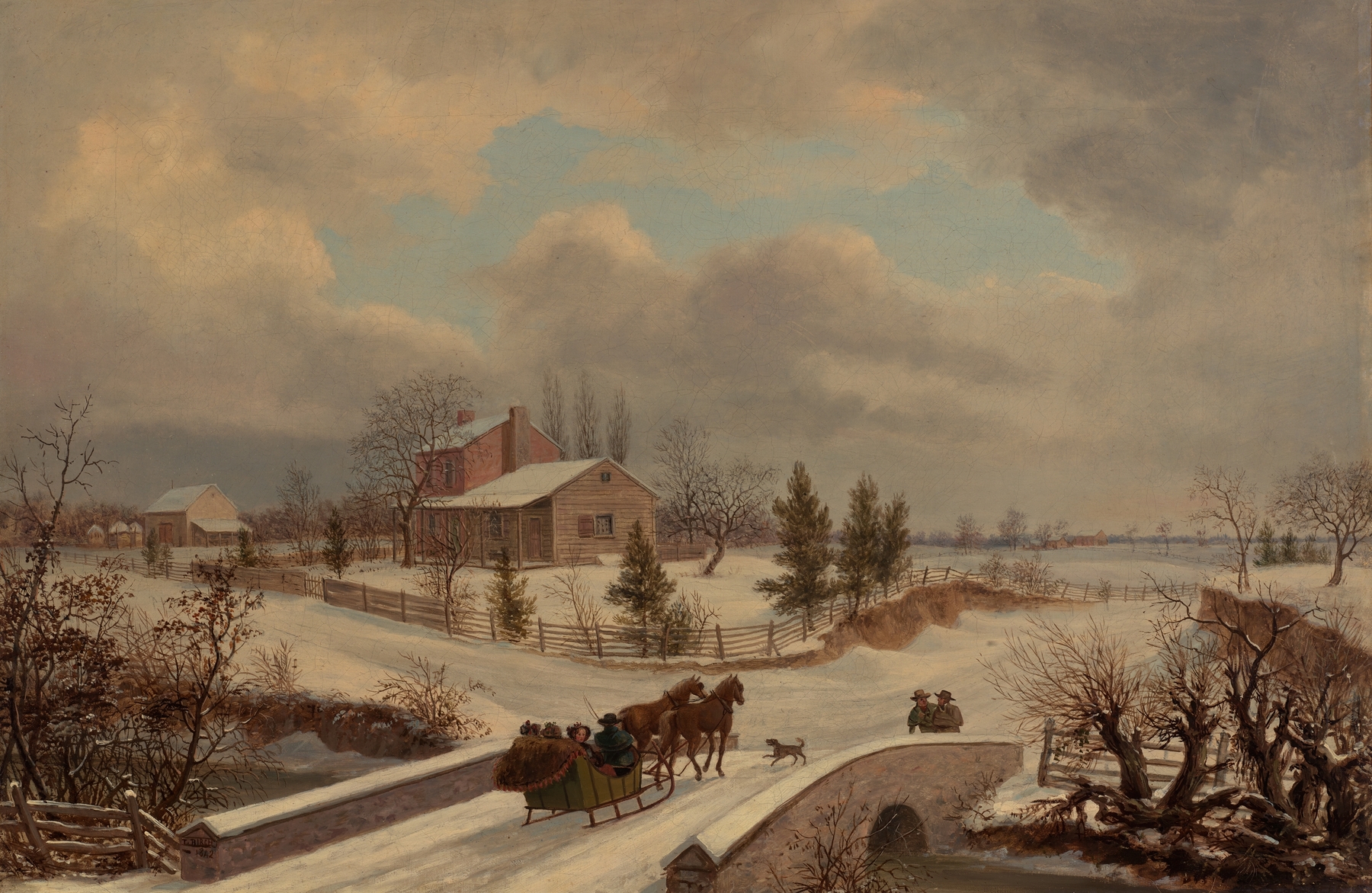 Pennsylvania Winter Scene by Thomas Birch, oil on canvas depicting a snowy landscape with figures and livestock.