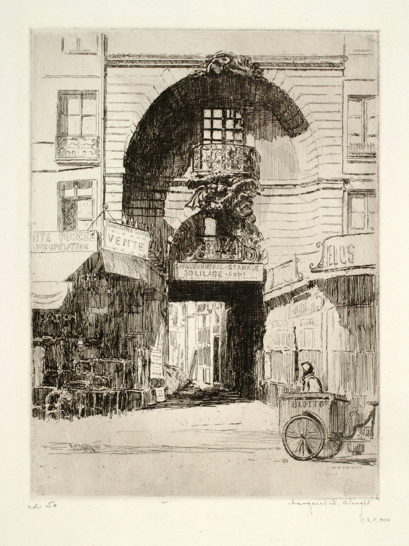 Cour du Dragon, Paris by Margaret H. Wright, oil on canvas depicting a shadowed archway in a melancholic landscape.