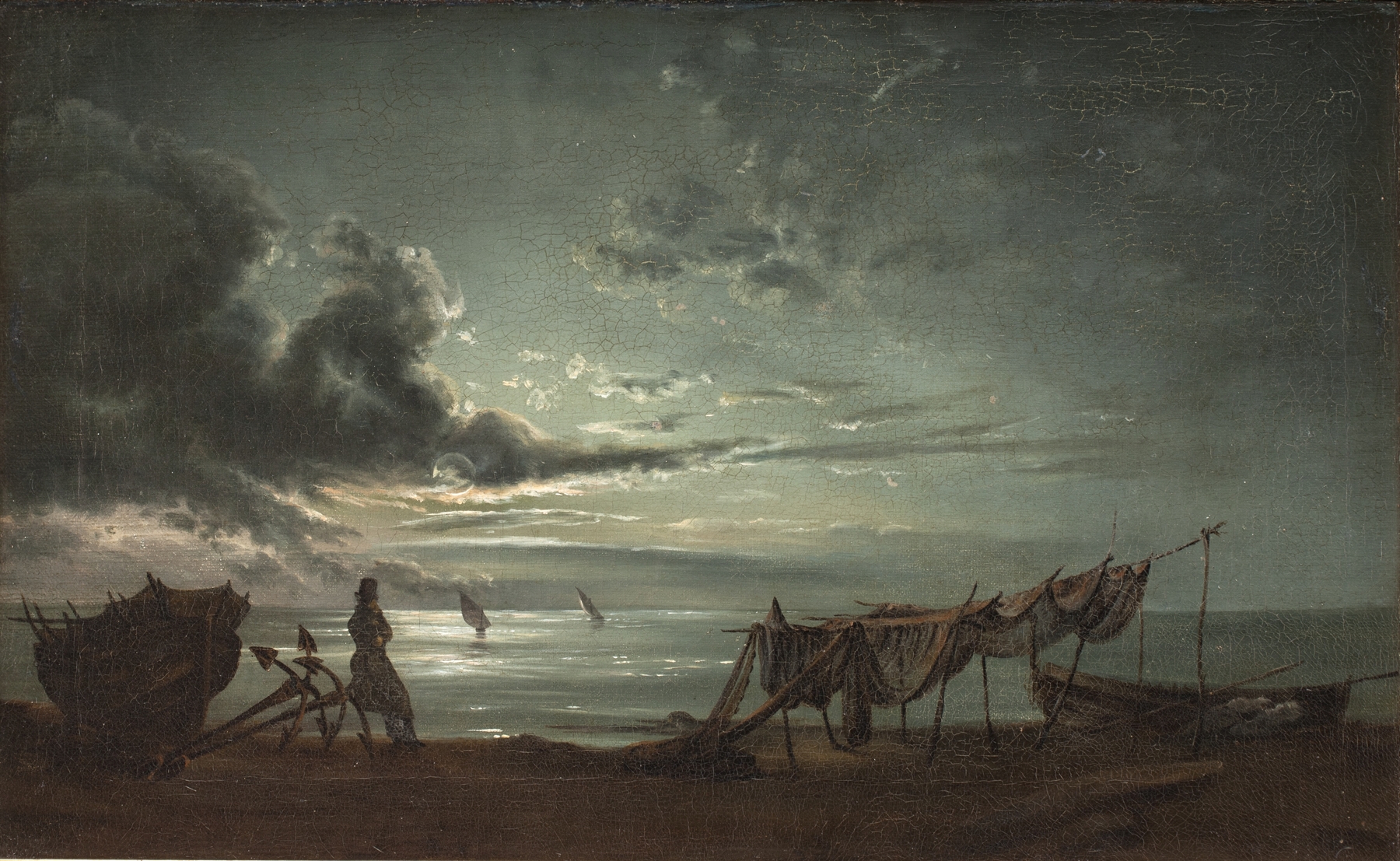 Marine scene with moonlight over water by Johan Christian Dahl, oil painting