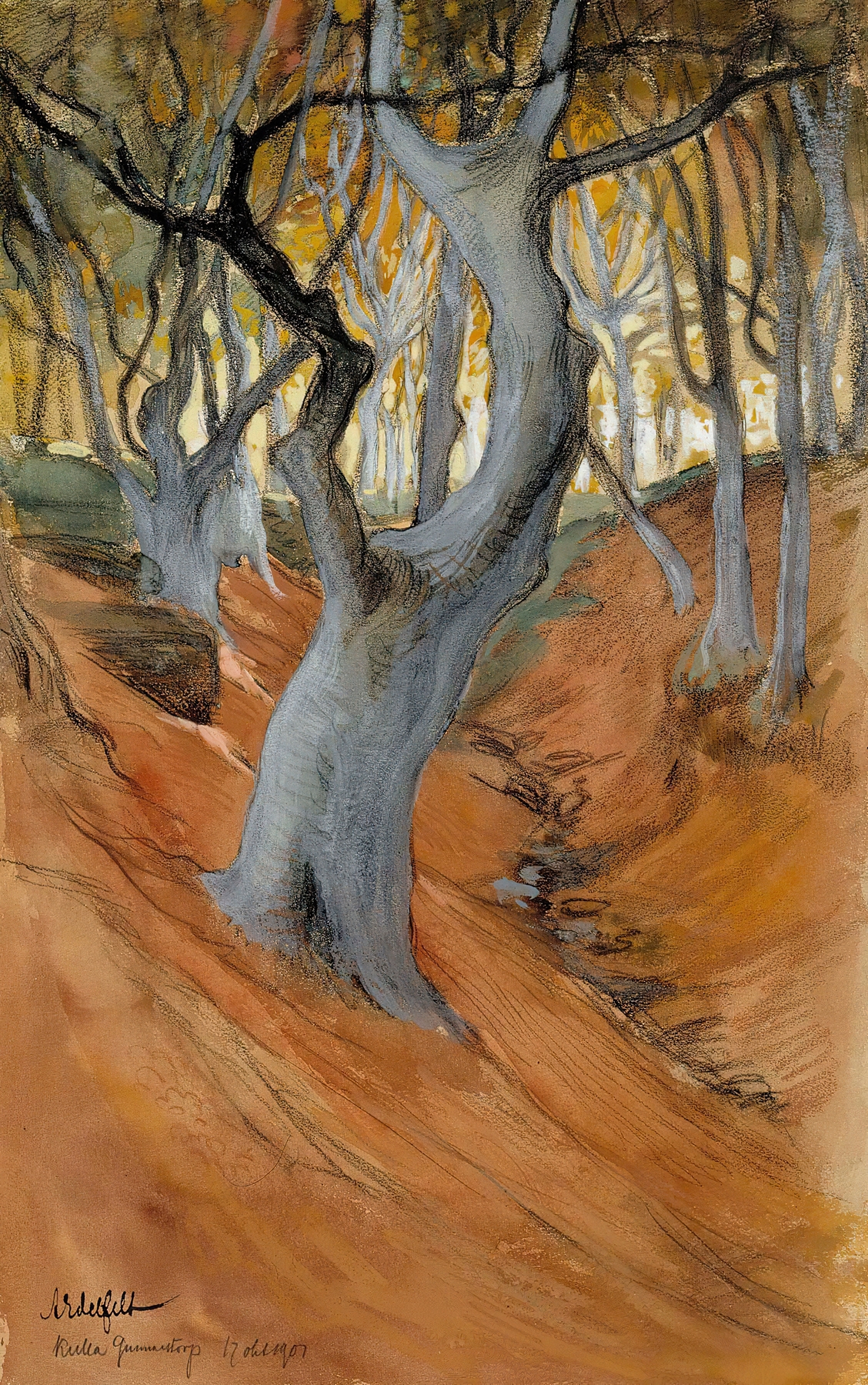 Beech Forest by Albert Edelfelt, realism artwork depicting tall trees and dappled light