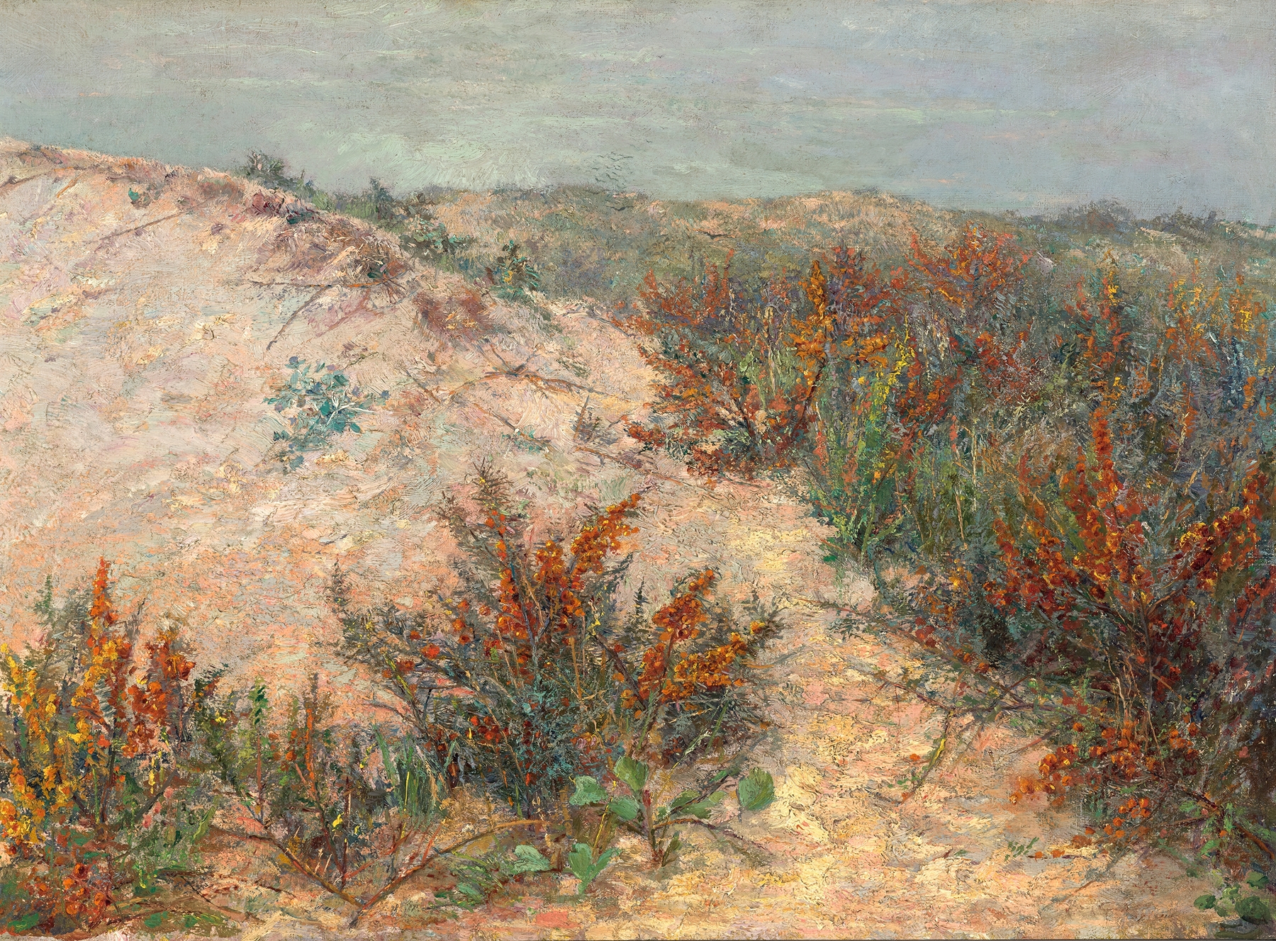 Dünen mit Stranddorn bei Knokke by Emilie Mediz-Pelik, impressionist oil painting of dunes and beach grass.