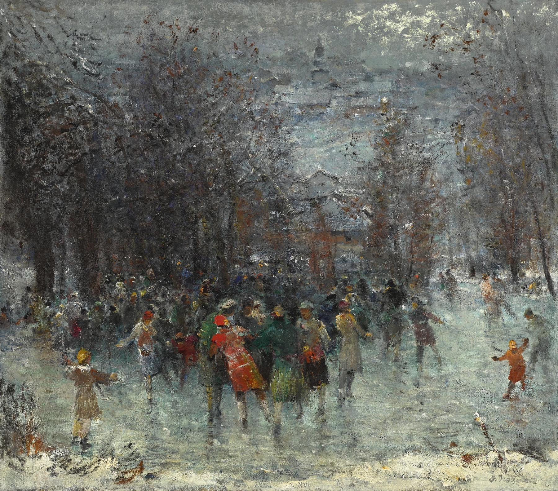 The Skaters by Oldřich Blažíček, oil on canvas, depicting skaters gliding on ice.