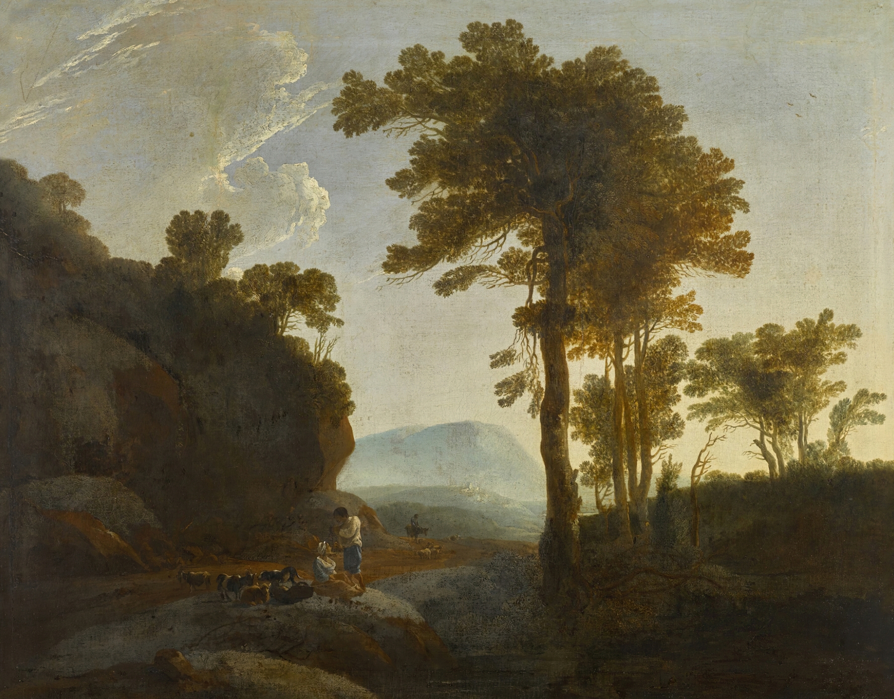 Extensive landscape with a shepherd and shepherdess and their flock, by Thomas Jones, public domain