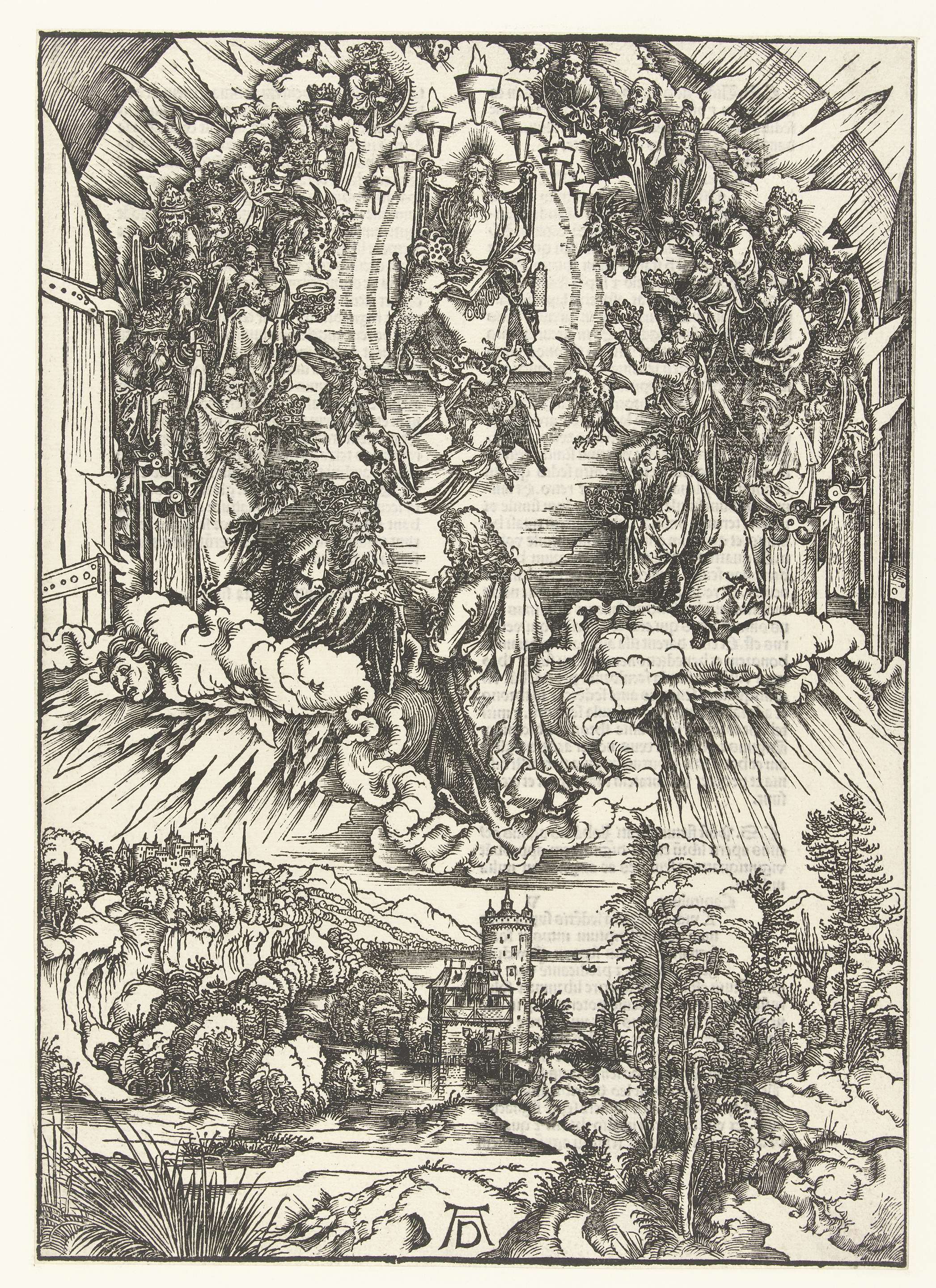 Engraving by Albrecht Dürer depicting John kneeling before Christ and the lamb with seven horns and seven eyes