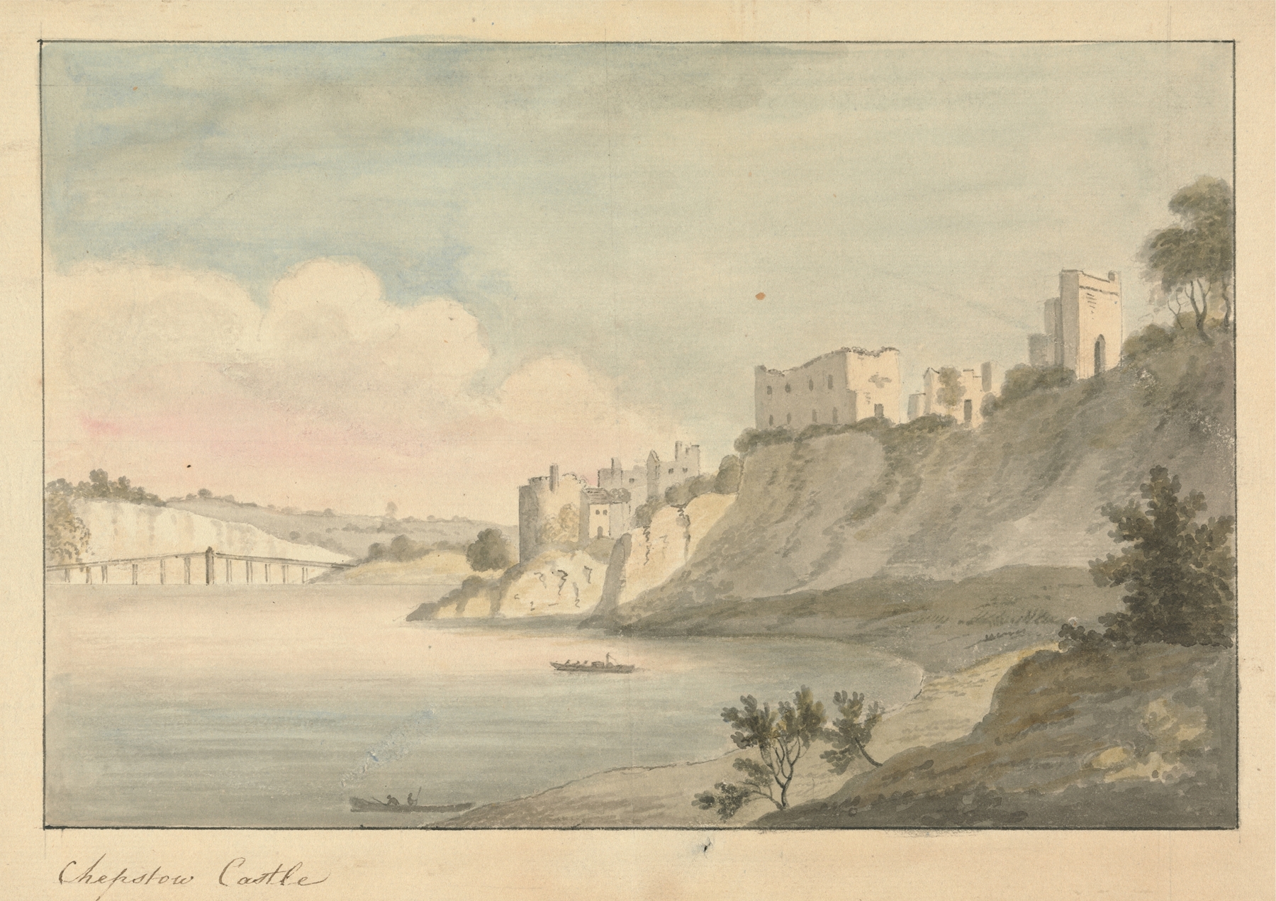 Chepstow Castle watercolor by Edward Francis Burney, depicting a landscape with a castle and greenery.