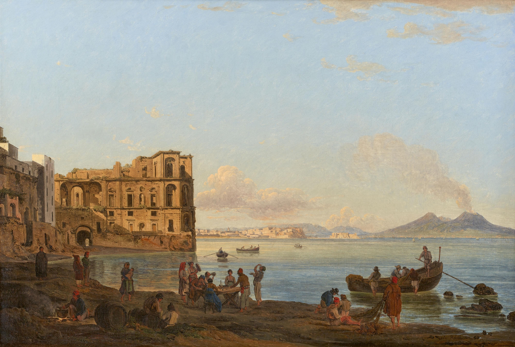 Marine scene of the bay of Naples with Palazzo Donna Anna, oil painting by Joseph Rebell