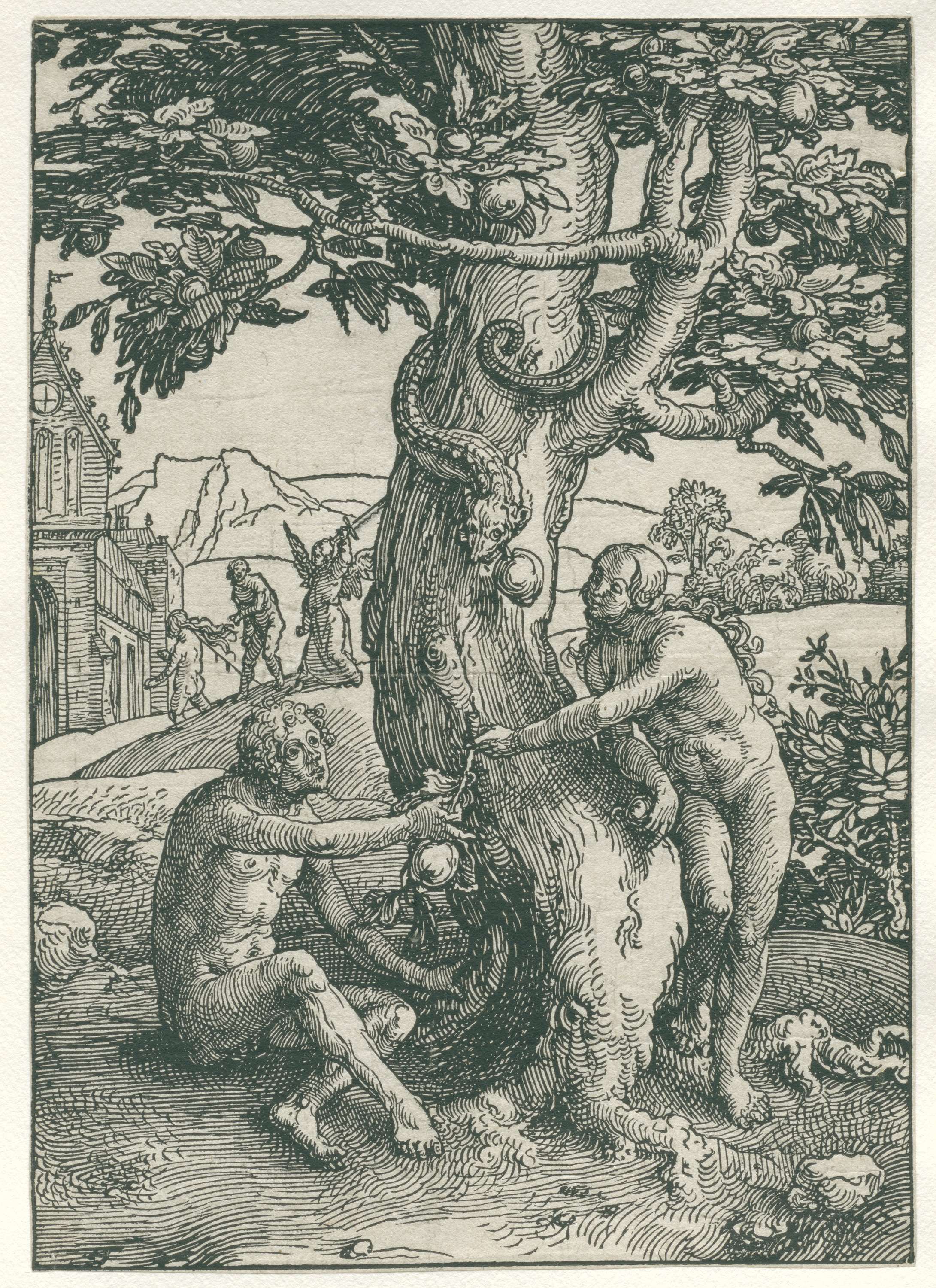 De zondeval by Lucas van Leyden, paper, shows Eve offering the apple with a serpent nearby.