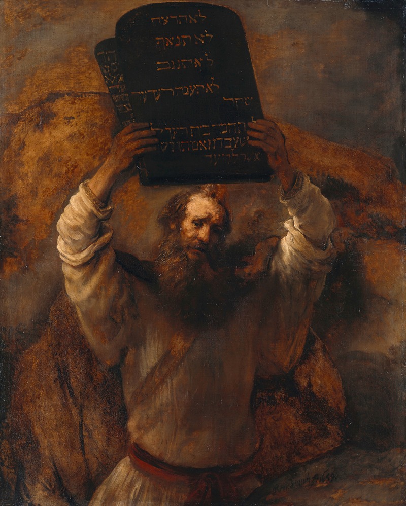 Rembrandt's painting depicts Moses in a dramatic moment smashing the tablets of the law.