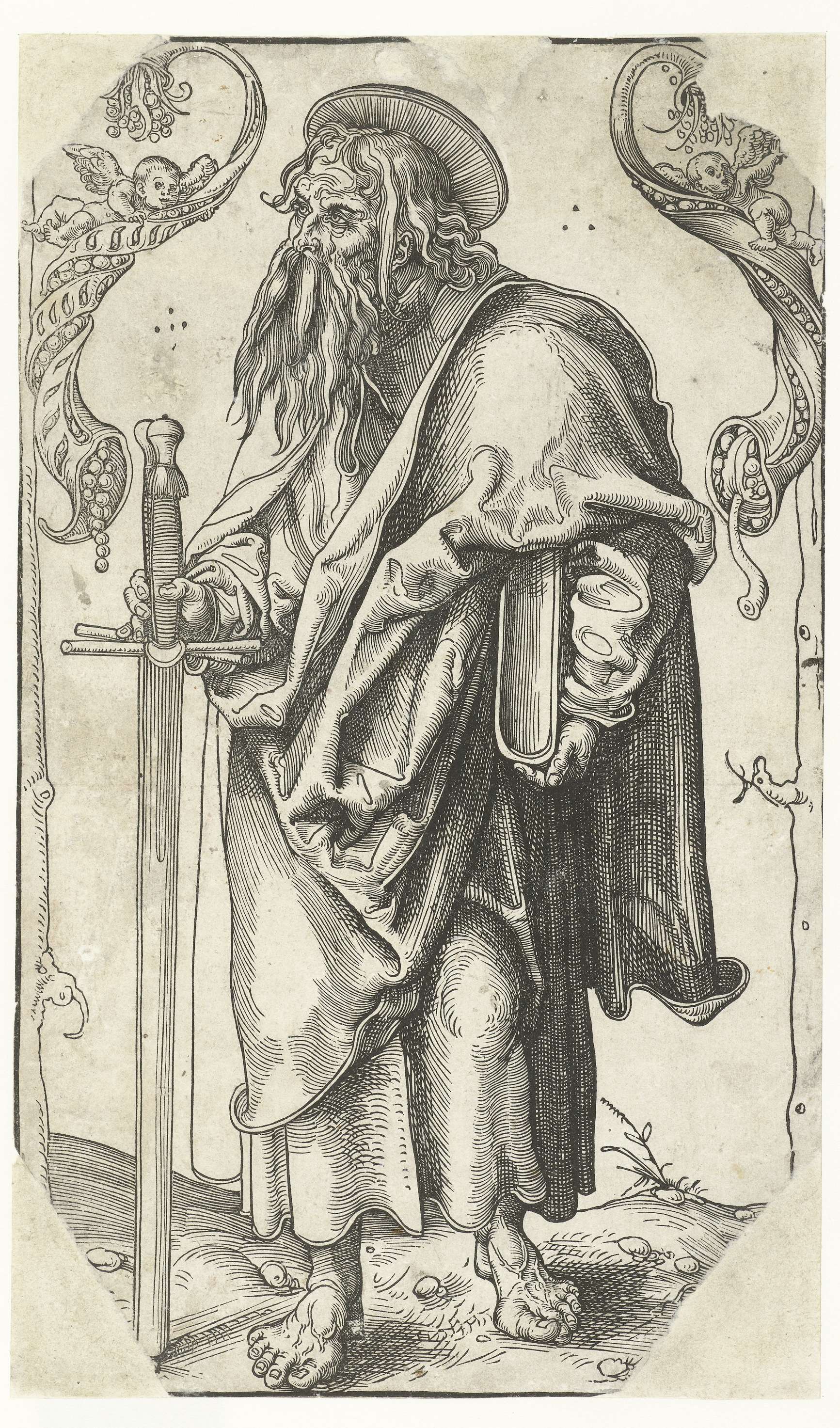 Religious paper artwork by Lucas Cranach depicting Paul with a sword and book.
