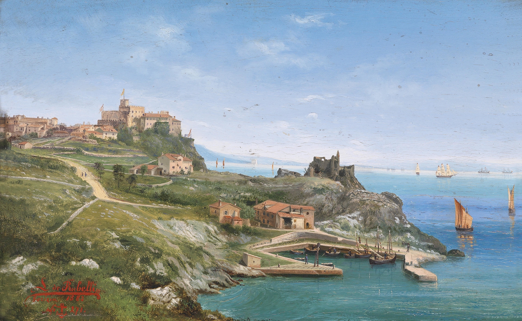 Landscape oil painting by Ludwig Rubelli von Sturmfest depicting Castello de Duino with light and shadow.