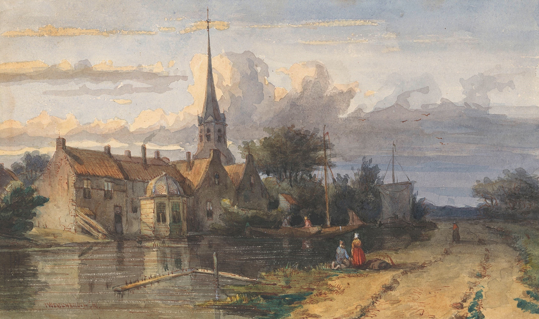 Landscape oil painting by Jan Weissenbruch depicting a village by a waterway