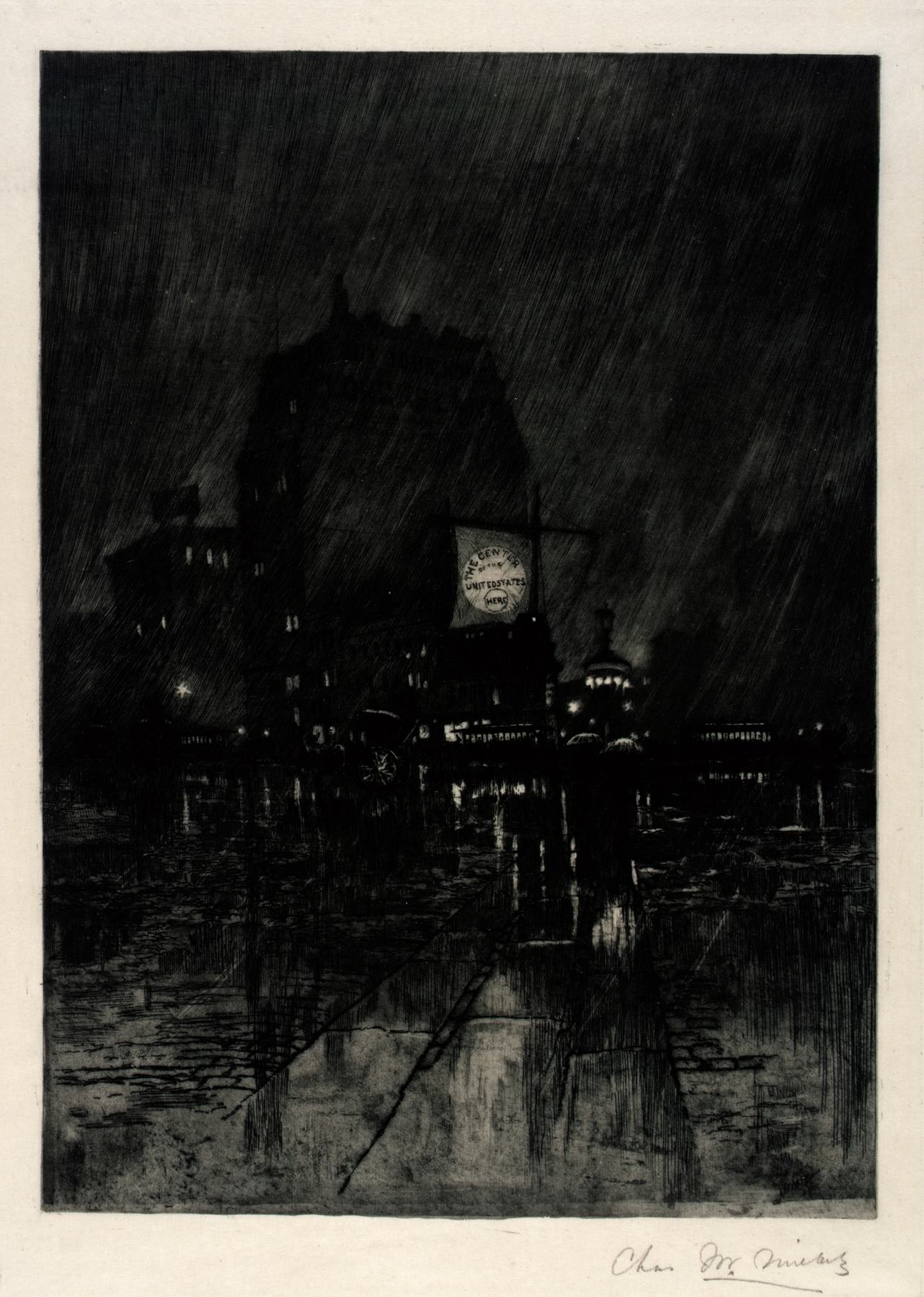 Rainy Night, Madison Square, etching by Charles Frederick William Mielatz showing a figure in the rain.