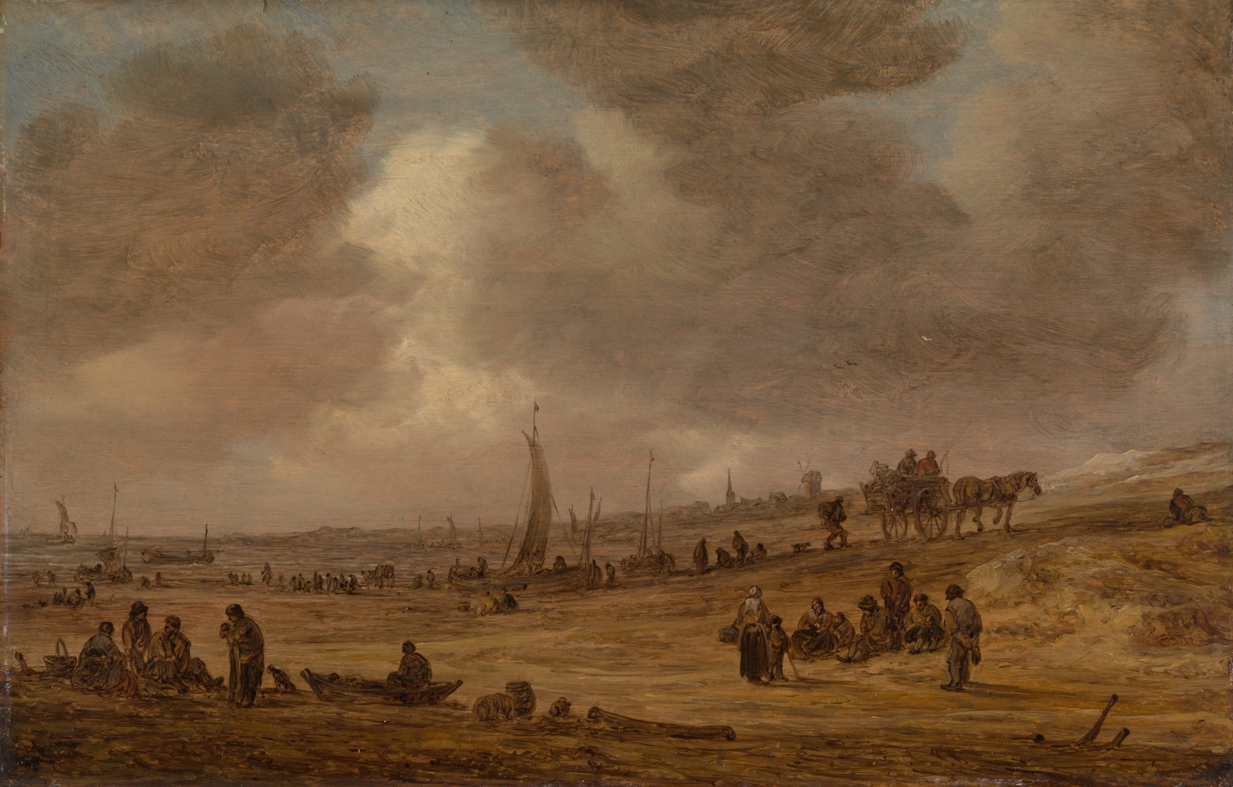 A Beach with Fishing Boats, oil on canvas by Jan van Goyen, featuring fishing boats on a shoreline at twilight.