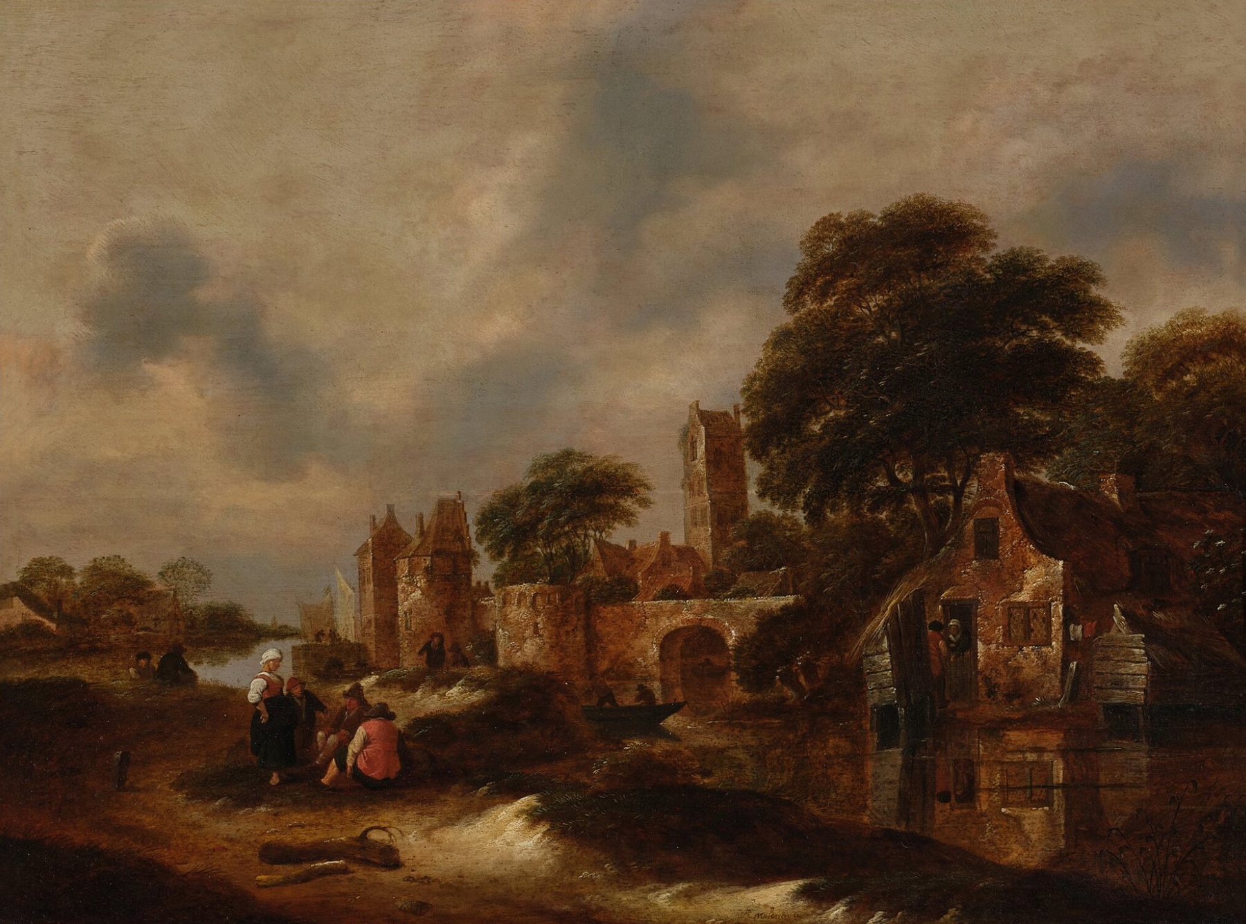 River landscape with village walls and figures conversing, by Nicolaes Molenaer.