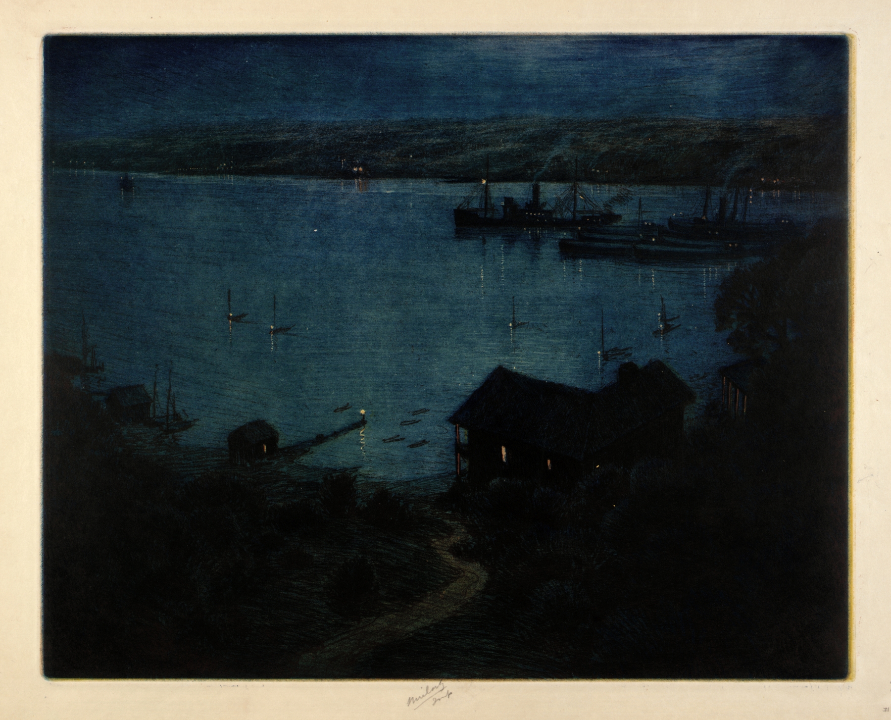 Moonlight–Hudson River etching by Charles Frederick William Mielatz depicting a tranquil landscape.