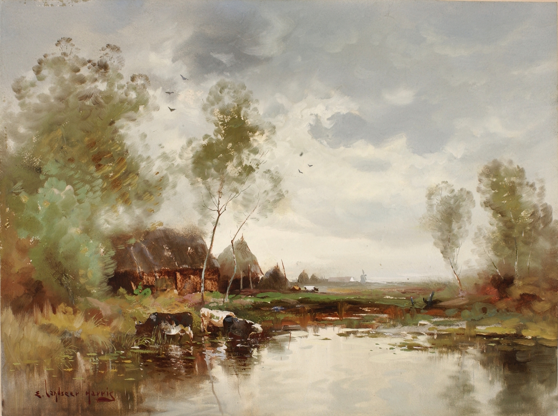 Landscape with Windmill by E. Landseer Harris, oil painting depicting a serene landscape.