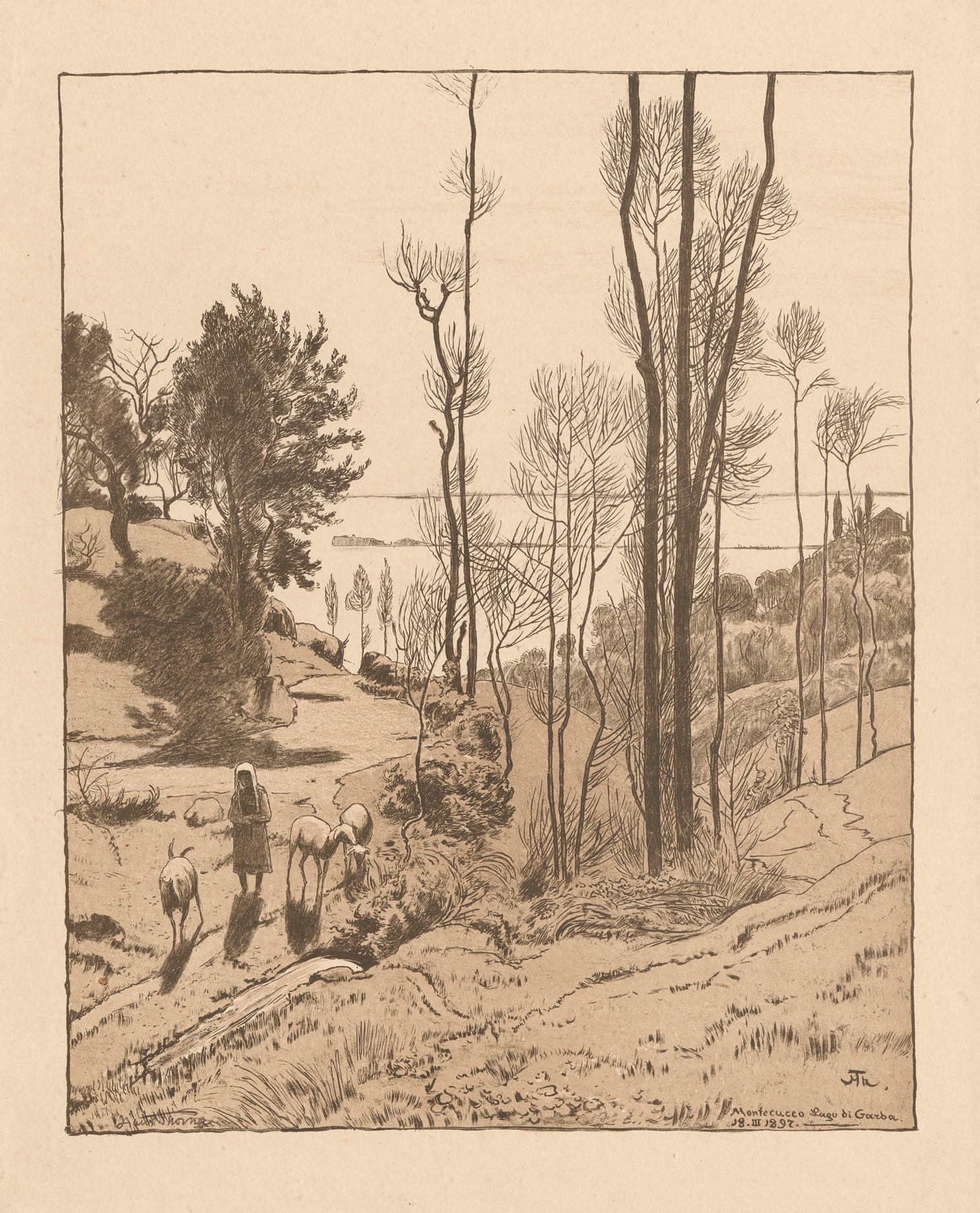 View of Lake Garda with a shepherdess tending goats and sheep, oil painting by Hans Thoma