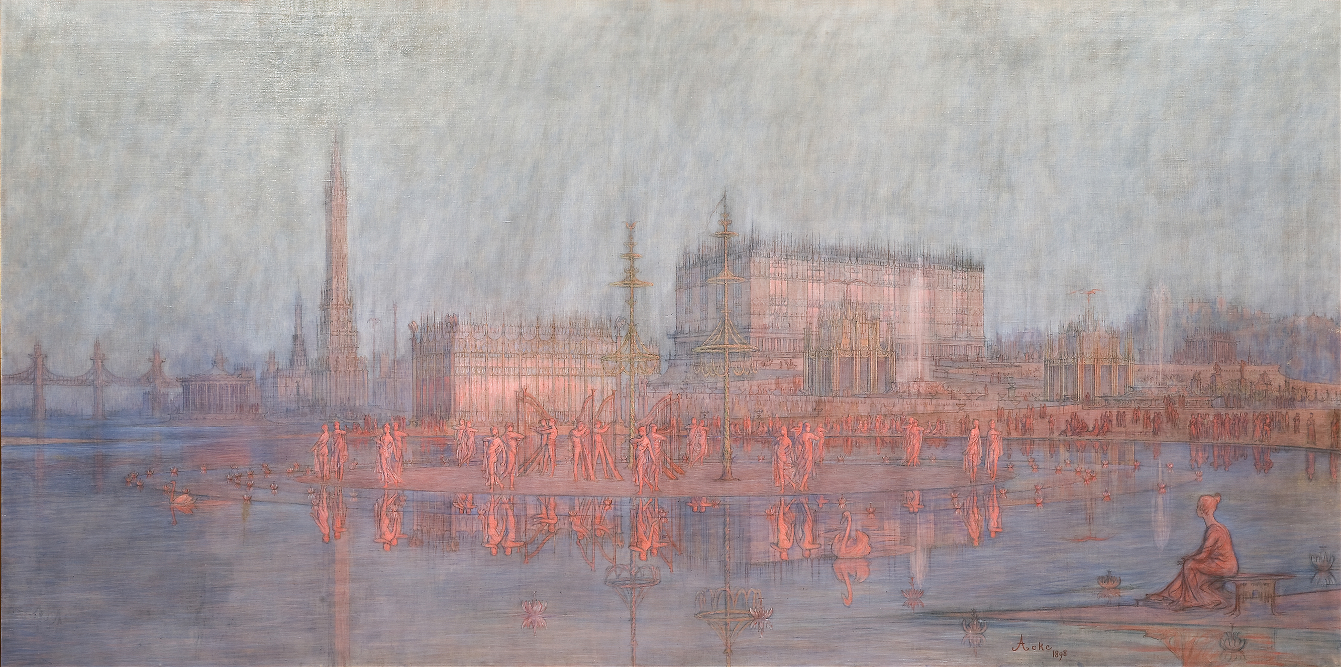 Midsummer Celebration in the Metal City by J.A.G. Acke, oil painting depicting a vibrant festival in a metallic city.