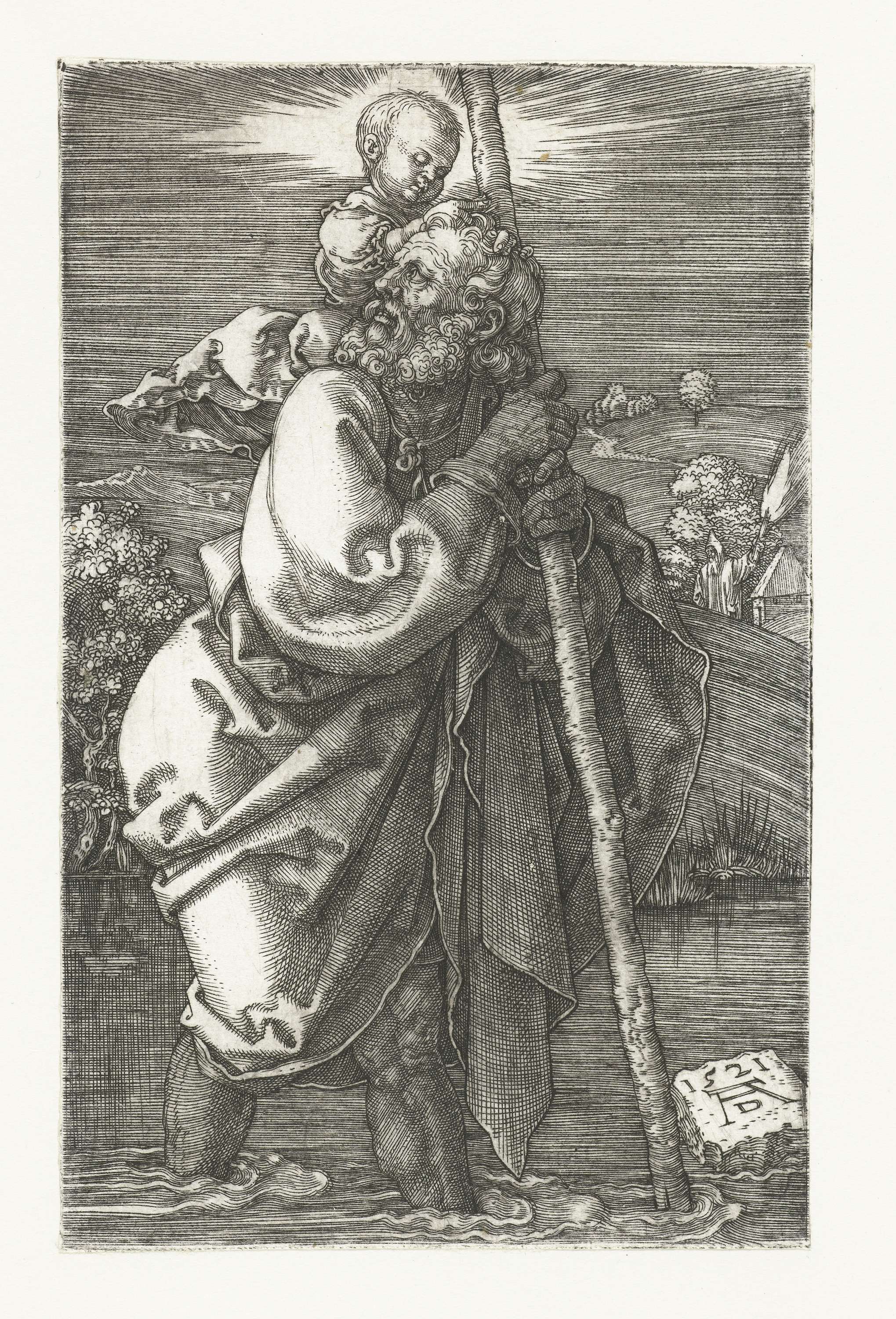 Engraving by Albrecht Dürer depicting Saint Christopher carrying the Christ Child.