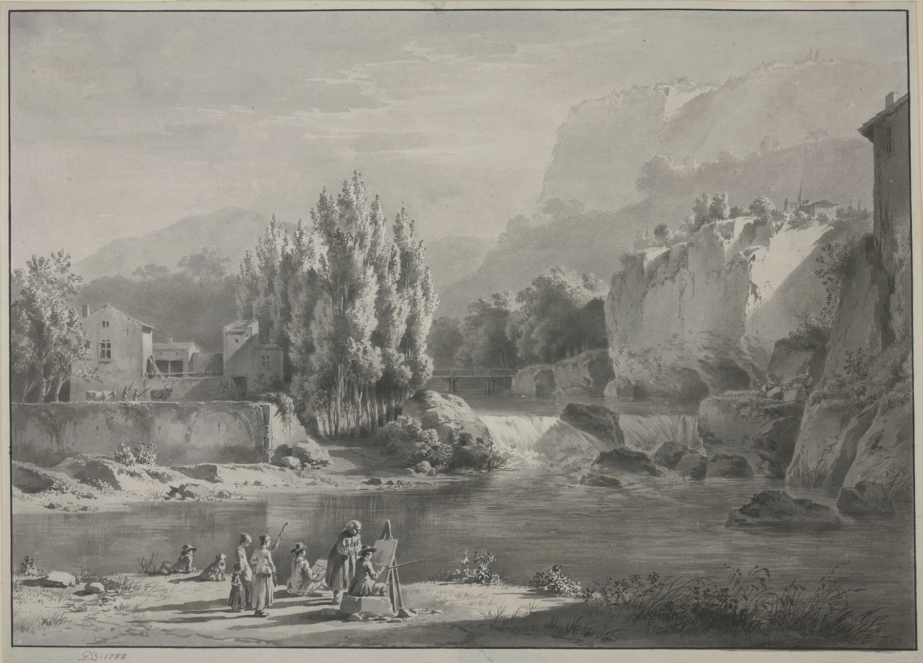 Landscape with mountains, two painters and viewers, by Jean-Jacques de Boissieu, oil painting